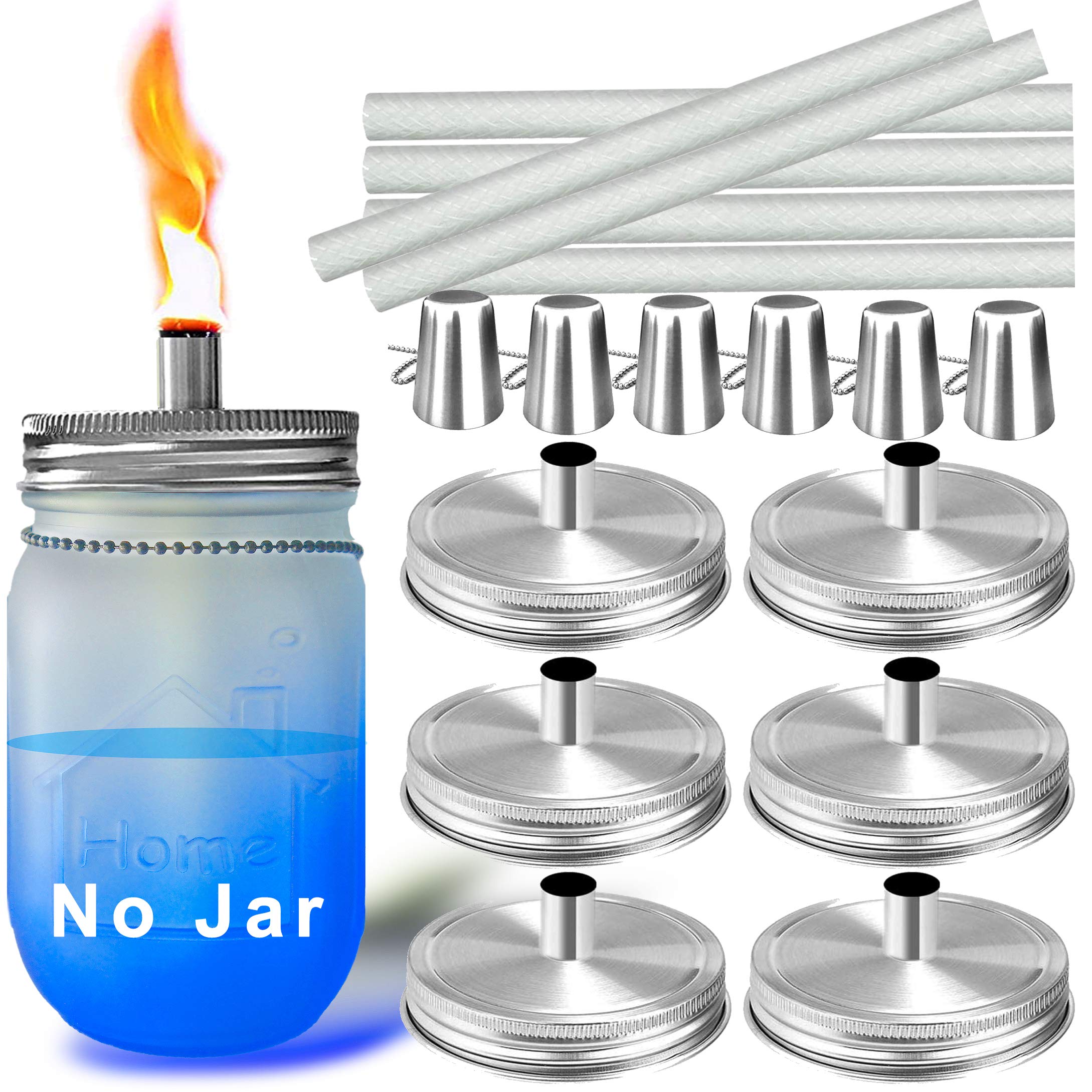 Aikeve Mason Jar Tabletop Torch Kits, 6 Pack with Fiberglass Wicks, Silver