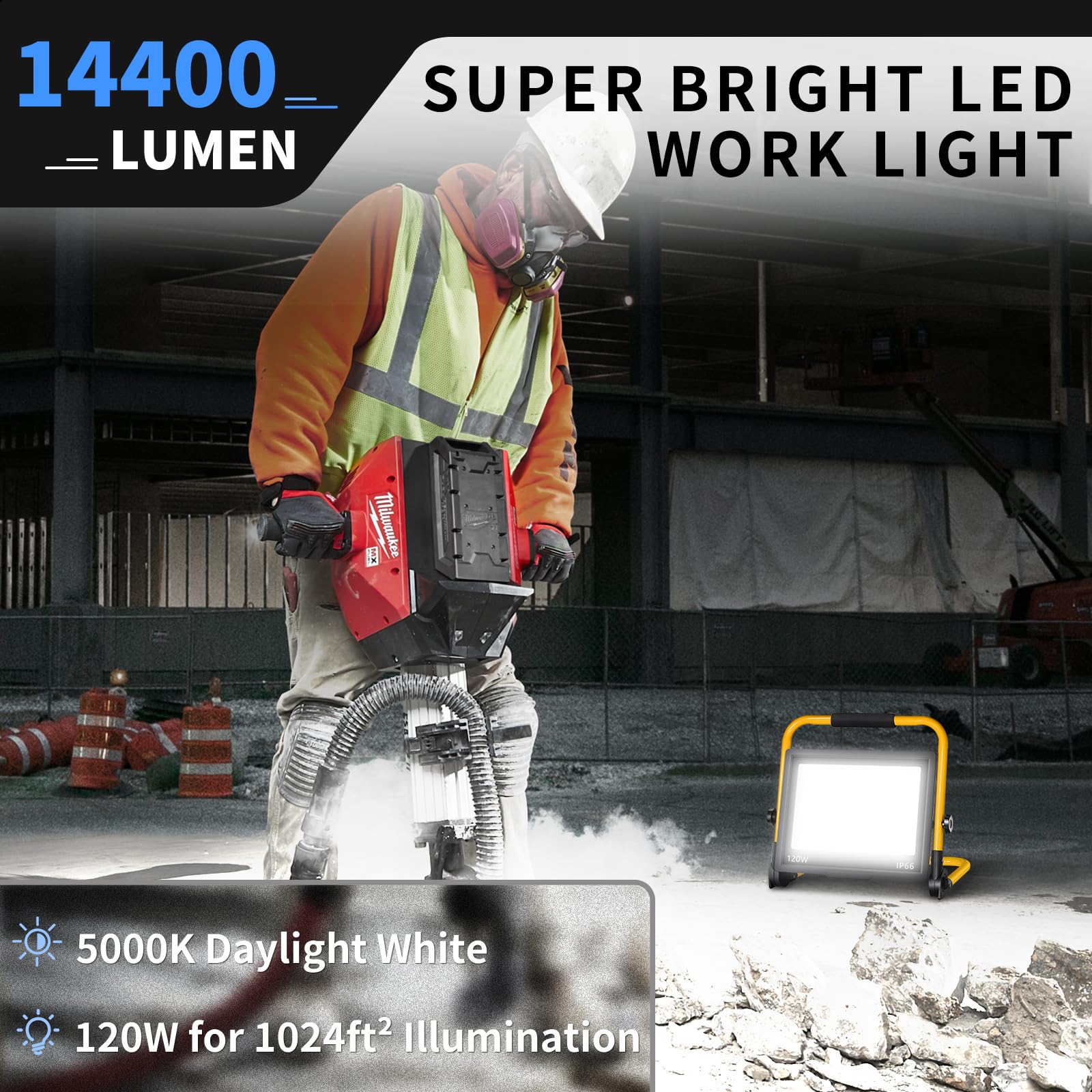 120W Led Work Light, 14400Lm Flood Light With 16Ft Cord & Switch, 1200W Equivalent Portable Working Light With Stand, 5000K Ip66