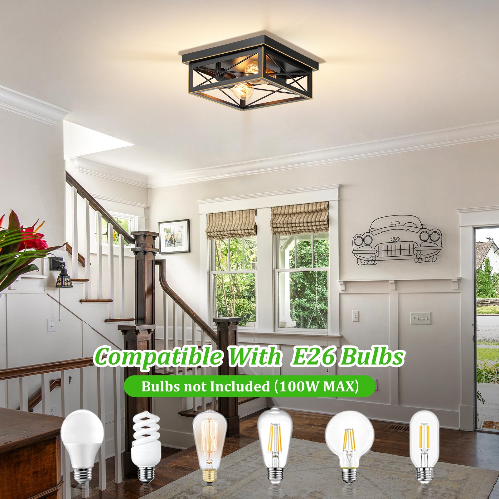 Brushed Gold Hallway Light Fixtures Ceiling, 2-Light Farmhouse Industrial Flush Mount Ceiling Lights, 2-Pack Metal Kitchen Light