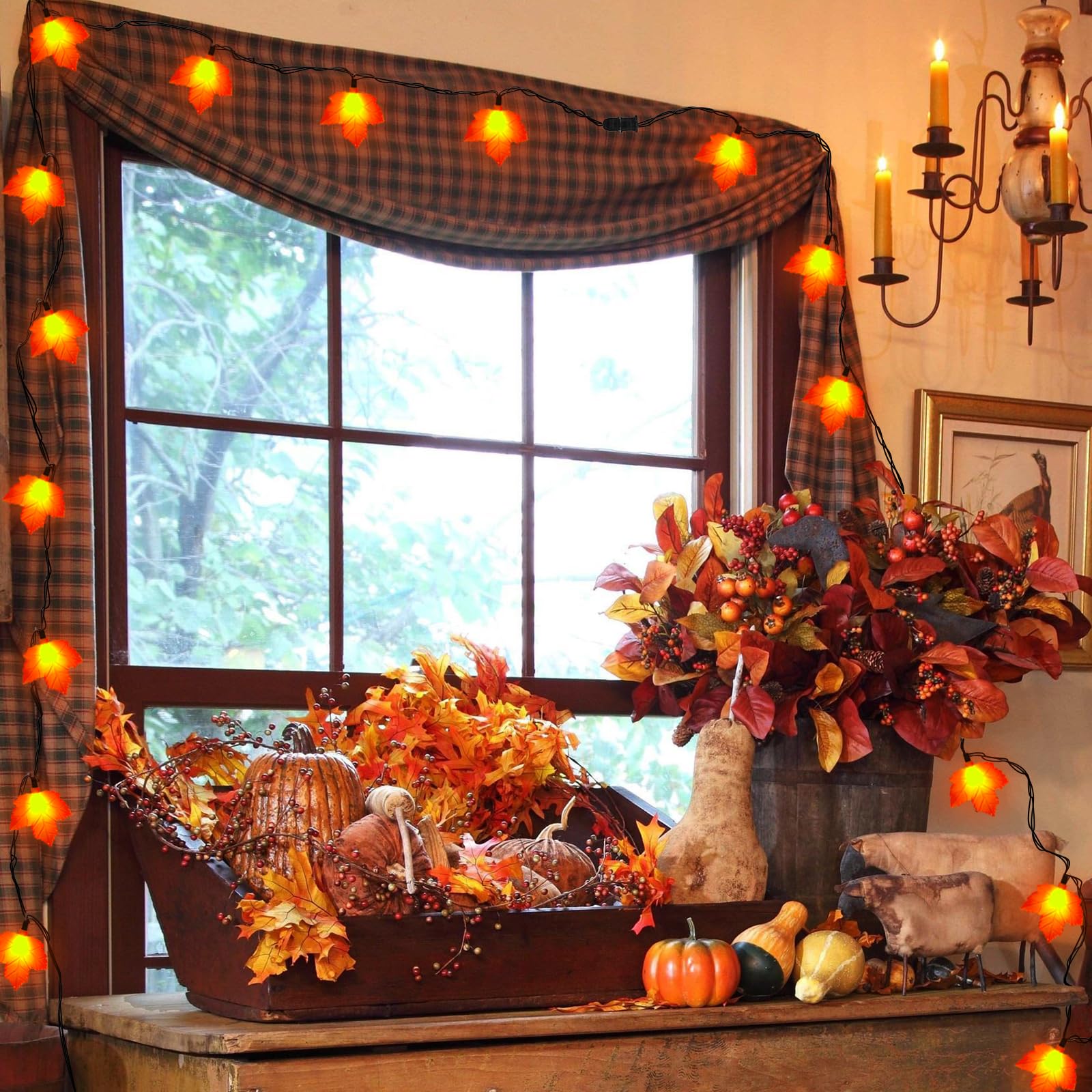 Sunsgne Thanksgiving Lights Indoor, 8.5Ft Plug In Thanksgiving String Lights With 10 3D Orange Maple Leaf, Thanksgiving Lights F