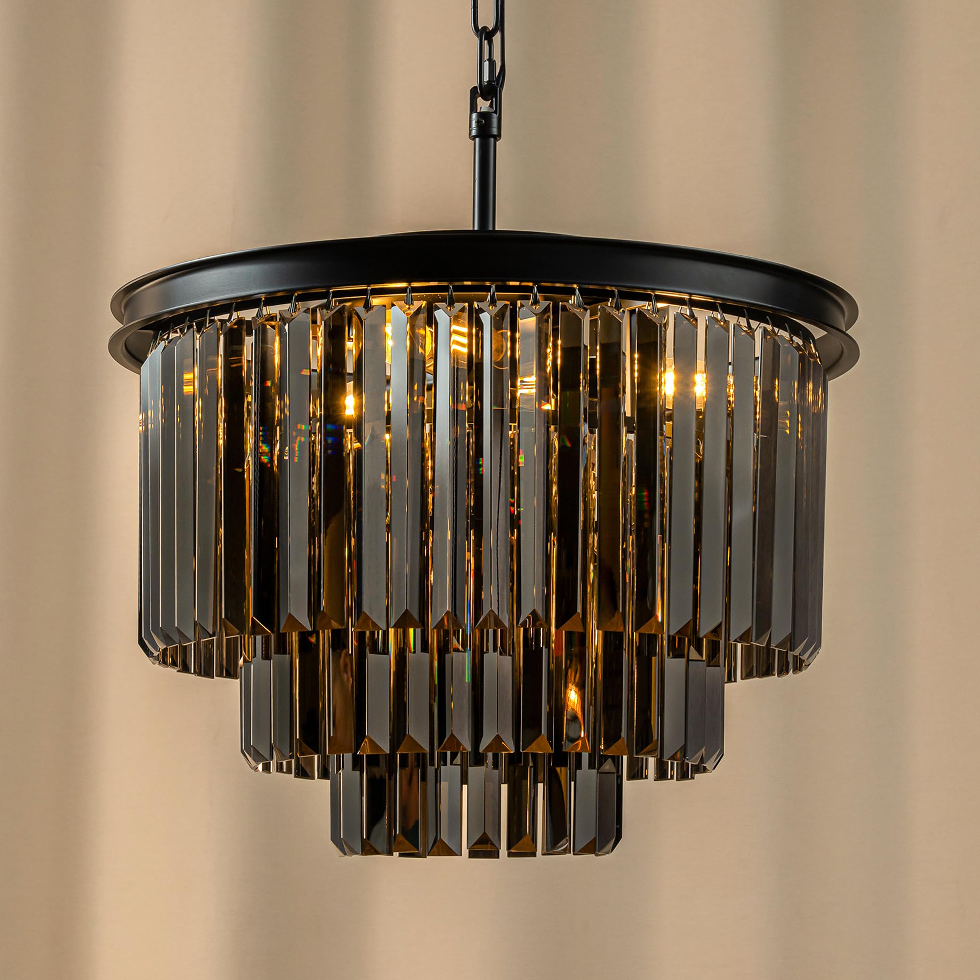 ALOADECOR 6-Light W 20 in. Modern Odeon 3-Tier Round Fringe Crystal Chandelier in Matte Black Finish Frame with Smoke Crystal Ac