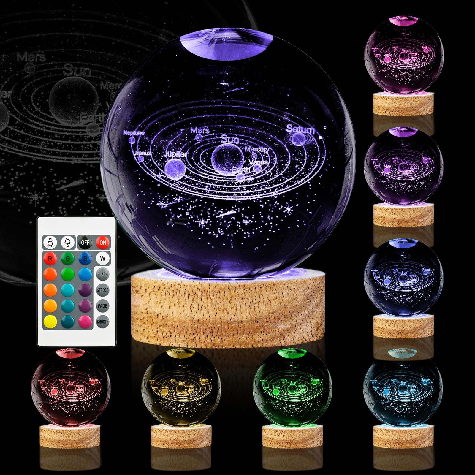 3D Solar System Crystal Ball Night Light 3.15 Inch Galaxy Planet Glass Ball Lamp With 16 Color Change Wooden Base And Remote Control Astronomy Space Gifts For Kids Friend Birthday Christmas Room Decor