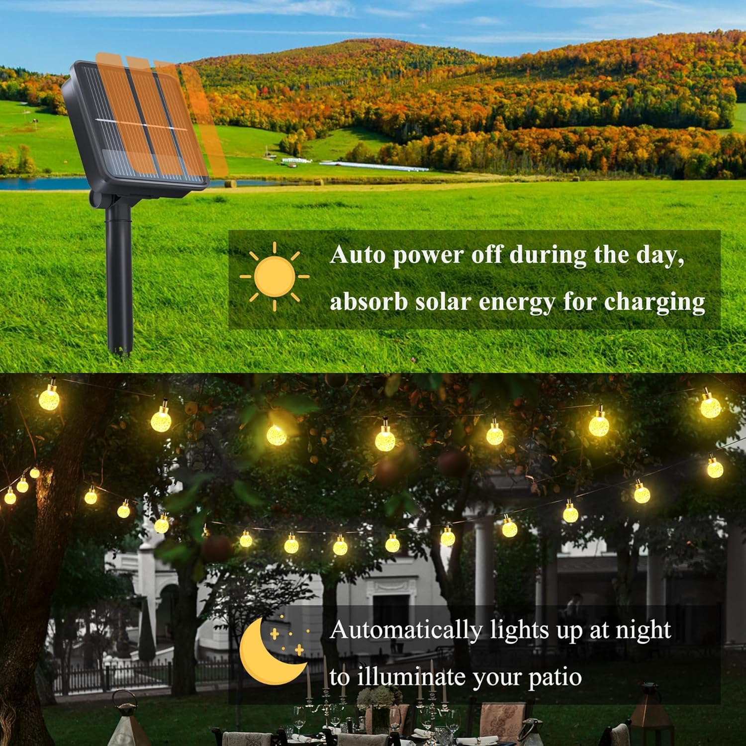 Flechllary 2-Pack Solar String Lights, 100 LED Warm White Crystal Globe, 46FT, 8 Modes, Waterproof for Outdoor Garden Party Decorations