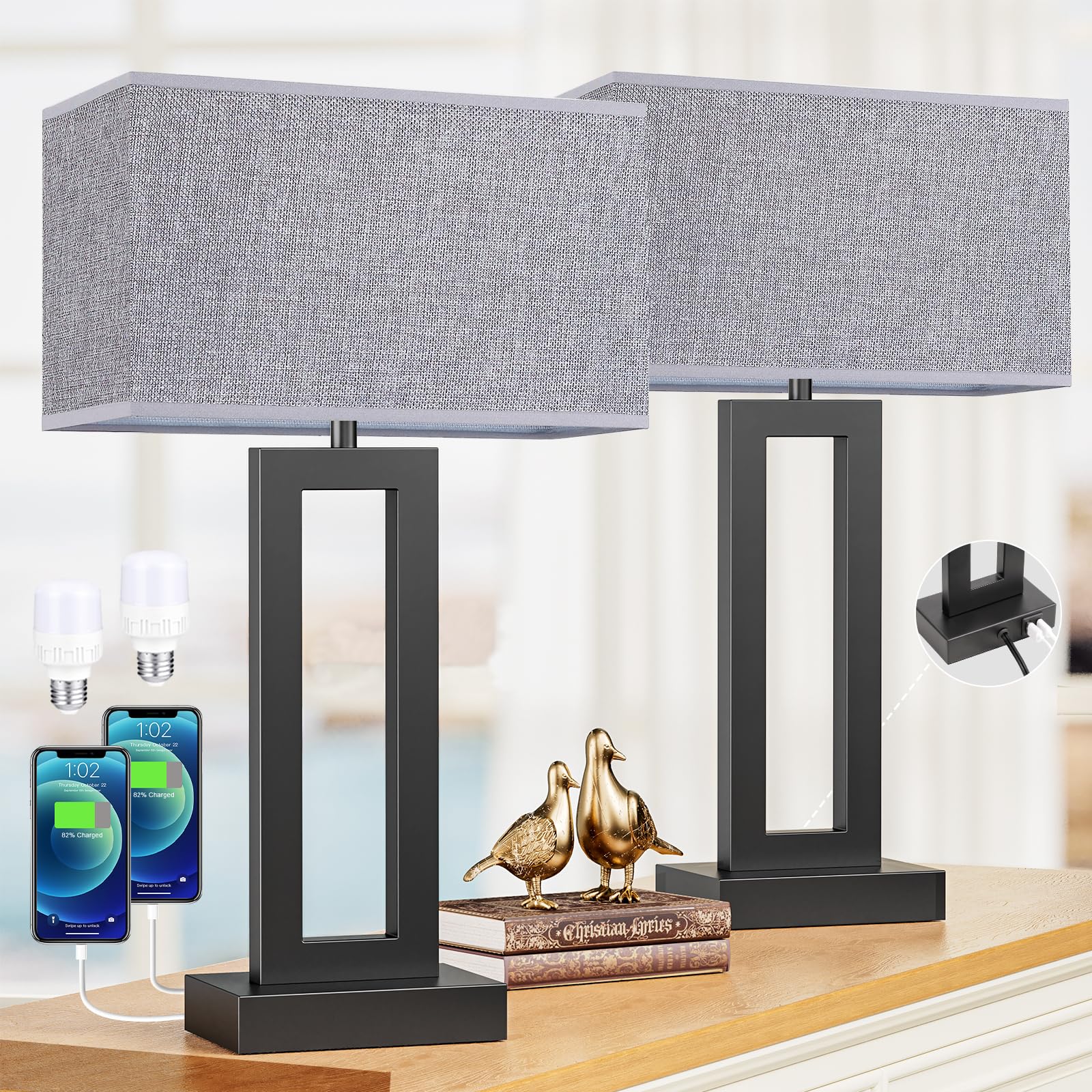 Seealle 22in Tall Modern Lamps - Touch Bedside with USB C+A, 3-Way Dimmable, Set of 2, Grey & Black, Metal