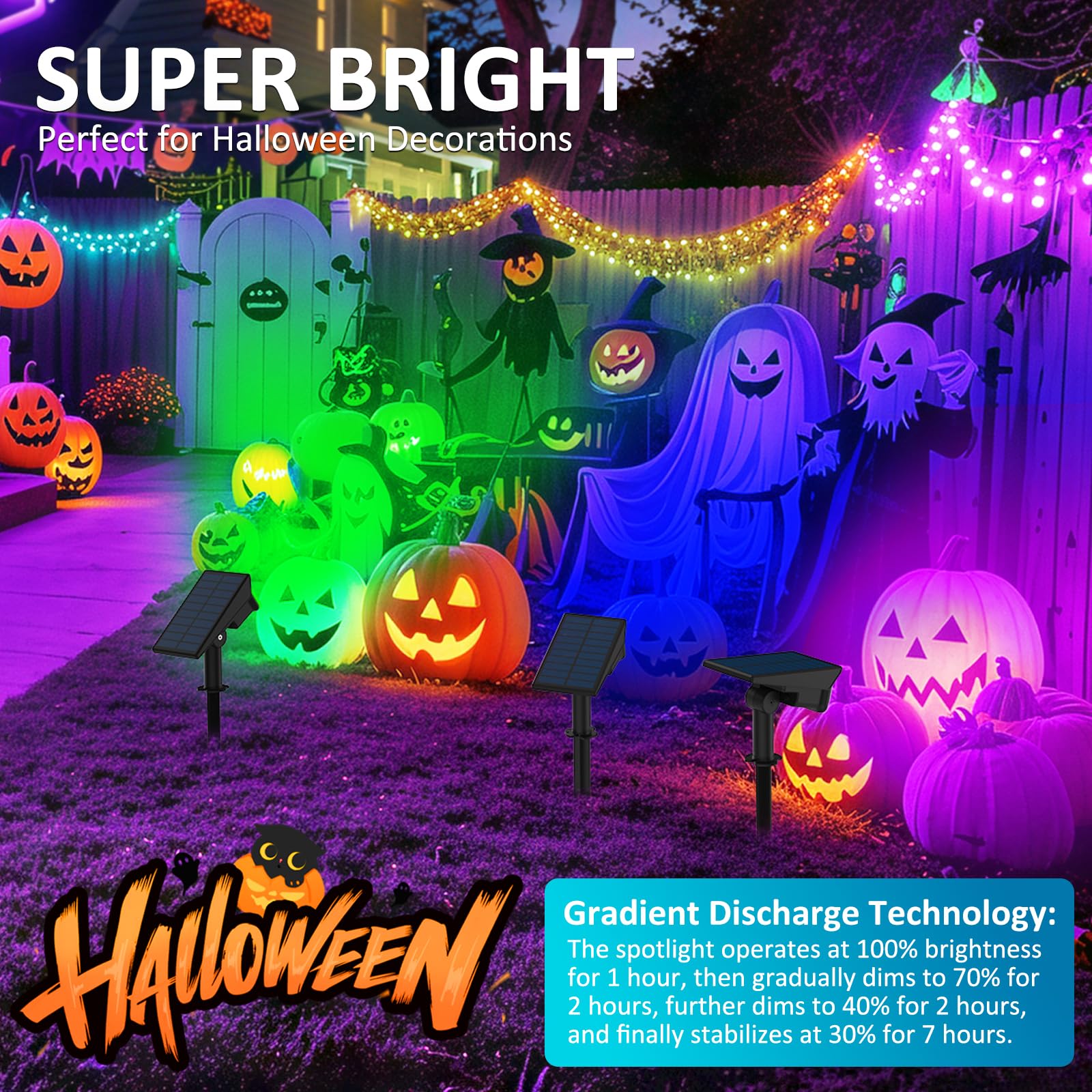 Halloween Solar Color Changing Lights Outdoor 7 Lighting Modes Waterproof IP65 Multicolor Landscape Spotlights Christmas RGB Upl