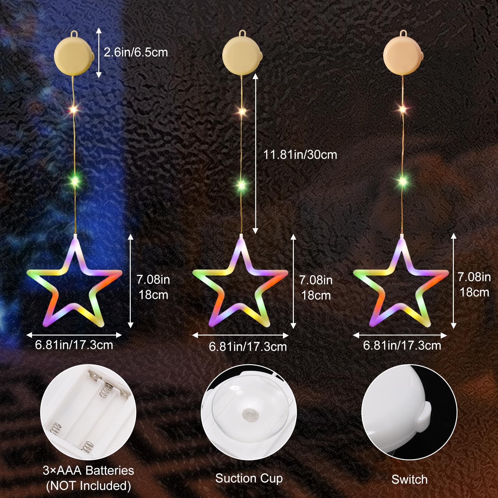 Lewondr Christmas Star Window Lights, 3Pcs Christmas Window Decoration Hanging Lights Indoor With Battery Powered, Suction Cup Hook, Timer For Xmas, Home, Party, Colorful Light