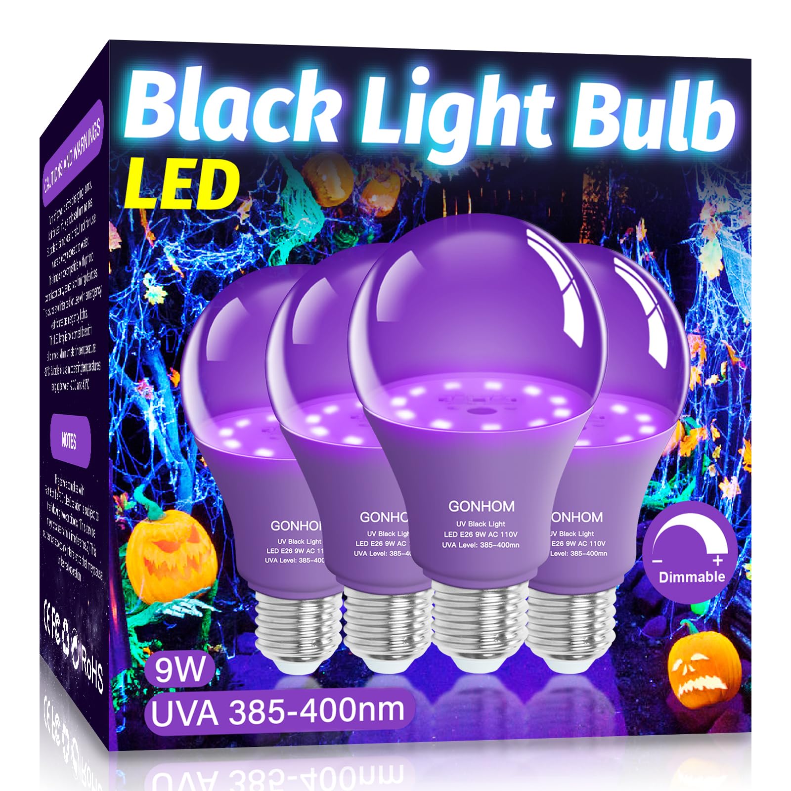 Gonhom 4 Pack A19 Led Black Light Bulbs,Dimmable 9W Blacklight Bulb(100W Equivalent), E26 Base 110V, Uva Level 385-400Nm, Glow I
