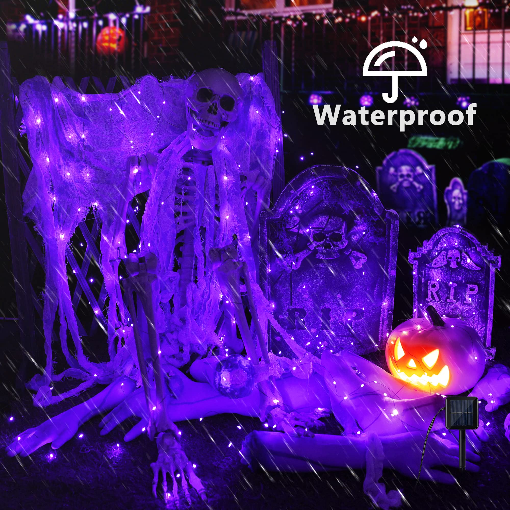 Brizled Purple Fairy Lights, 39.37ft 120 LED, Solar Powered, 8 Modes, Halloween Outdoor Decor, Black Wire