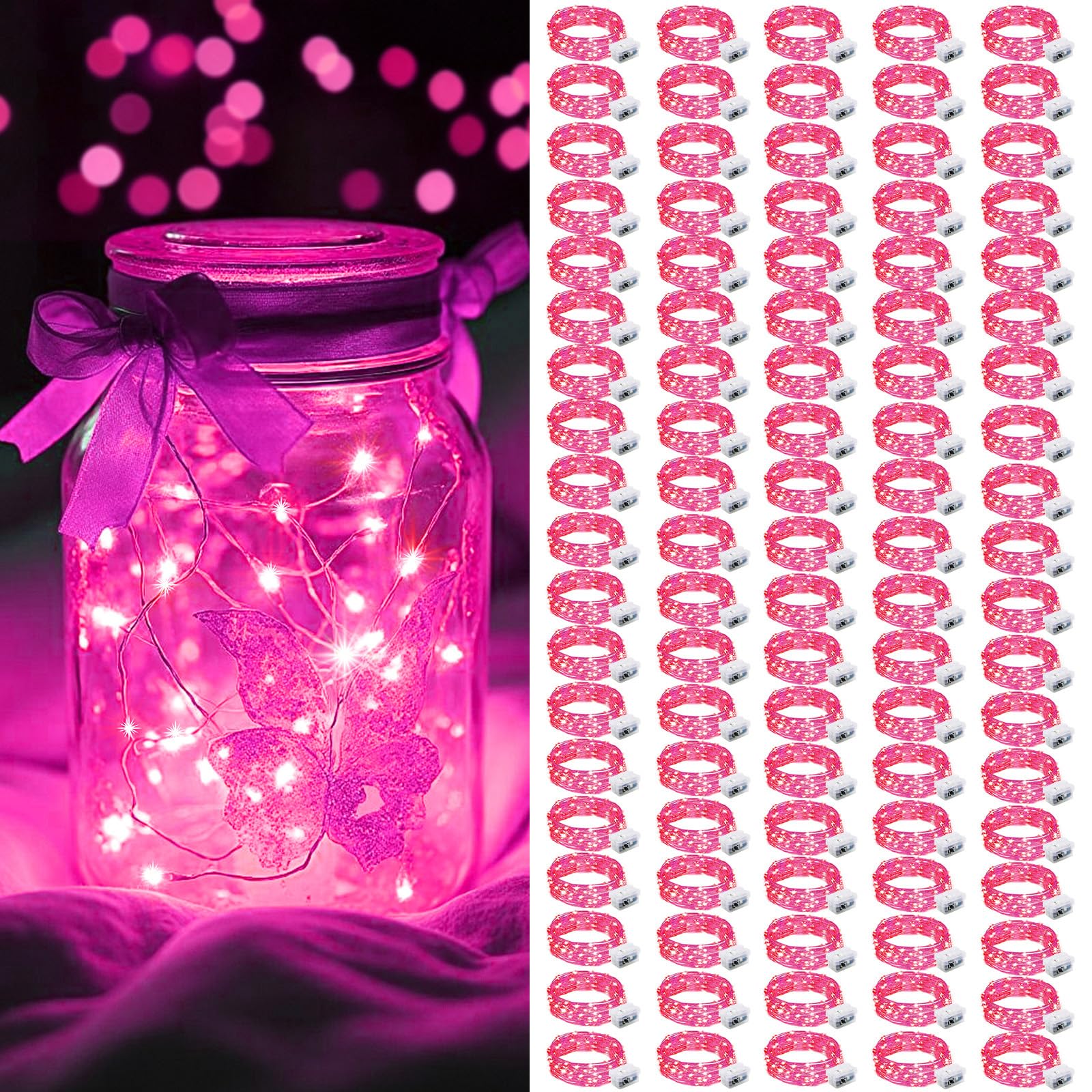 AIKEI 100 Pack LED Fairy Lights Battery Operated  Mini String Lights Waterproof 7 Feet 20 Led Firefly Starry Lamps for Wedding Party Bedroom Garden Valentines Christmas Decoration Pink