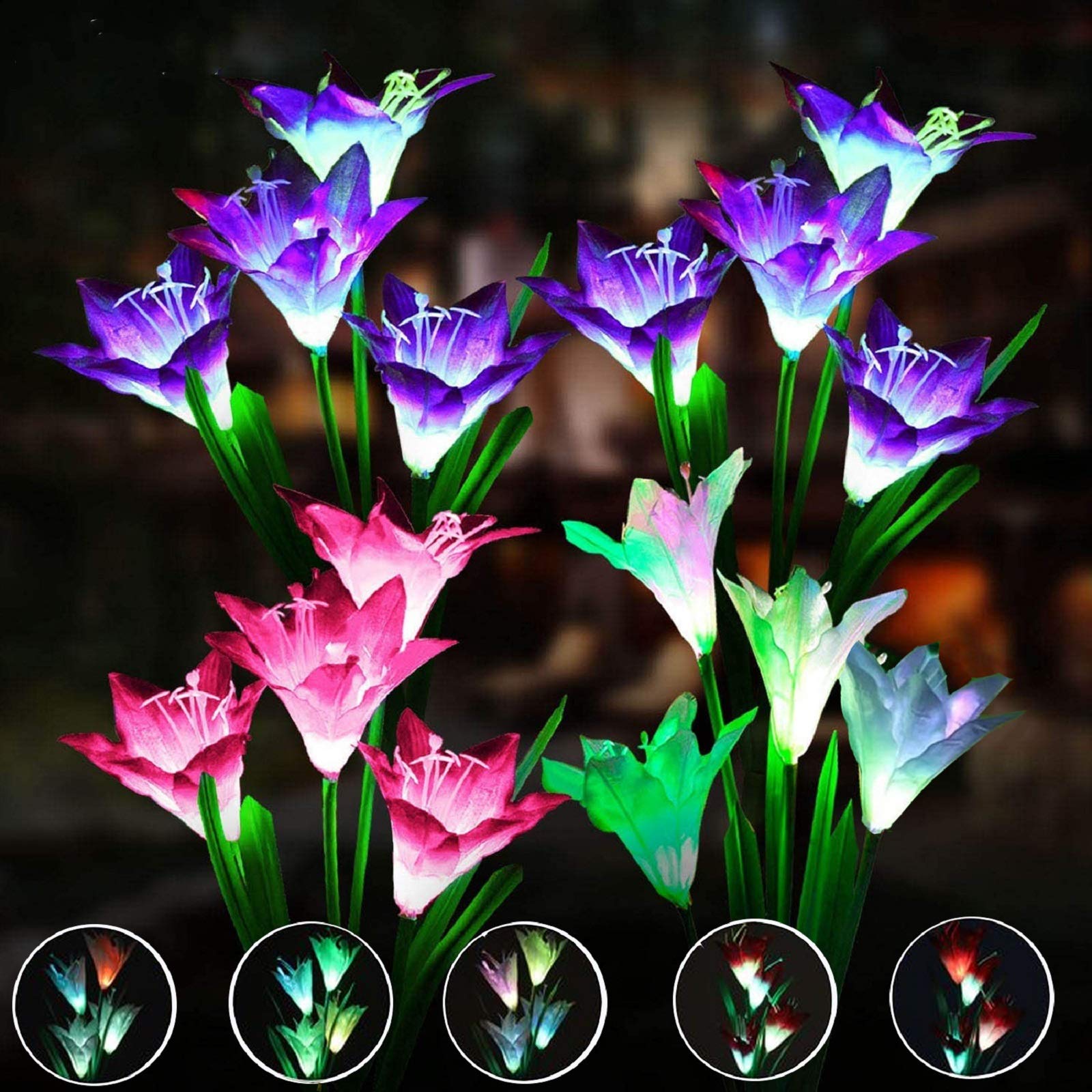Angmln 6 Pack Solar Flowers Lights,24 Bigger Head Solar Lily Flowers, 7 Color Changing Pathway Lamps For Garden Patio Yard Party