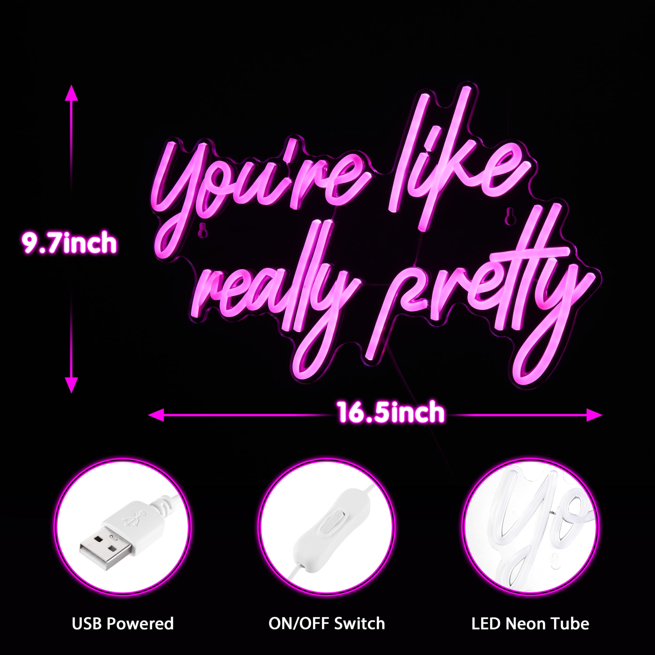 Kavaas Neon Sign - You're Like Really Pretty Wall Decor, Pink, 16.5" x 9.7", Ideal for Girls Bedroom, Party & Salon Decor