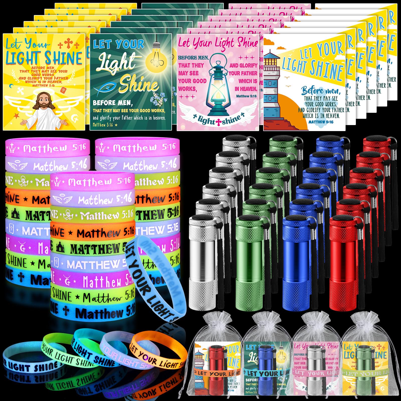 Flutesan 96 Pcs Easter Let Your Light Shine Gifts Glow in Dark Christian Religious Mini Flashlights Bulk Silicone Bracelets Bibl
