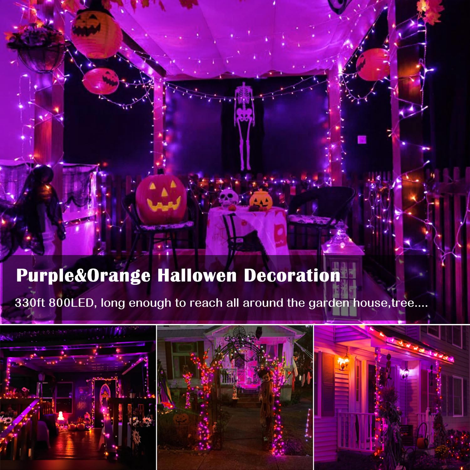 ZHOUDUIDUI Halloween String Lights, 800LED 330FT, Waterproof, 8 Modes, Purple and Orange, Indoor/Outdoor, Model JT-EL/FC300V0200