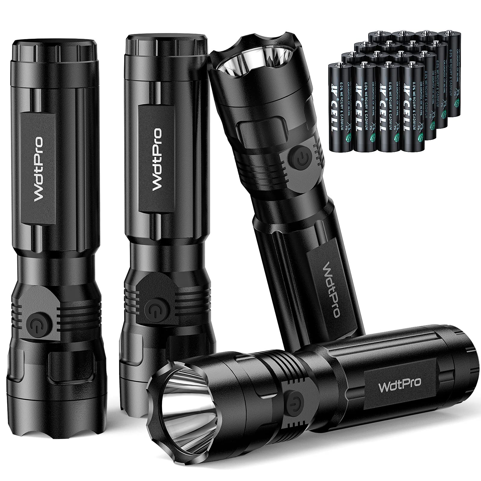 WdtPro 4 Pack LED Flashlights, Bright Flashlight with 16 AAA Batteries, Super Long Battery Life, Single Mode, High Lumens, EDC F