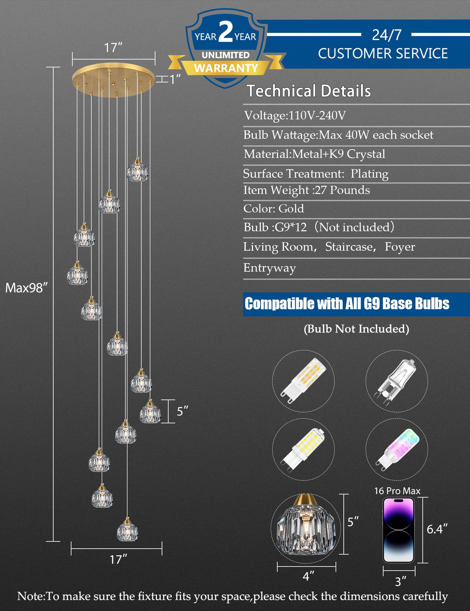 Weesalife 12-Light Crystal Chandelier, Brass Modern Pendant Light Fixture for Staircases, High Ceilings, Model 8817-12C BR