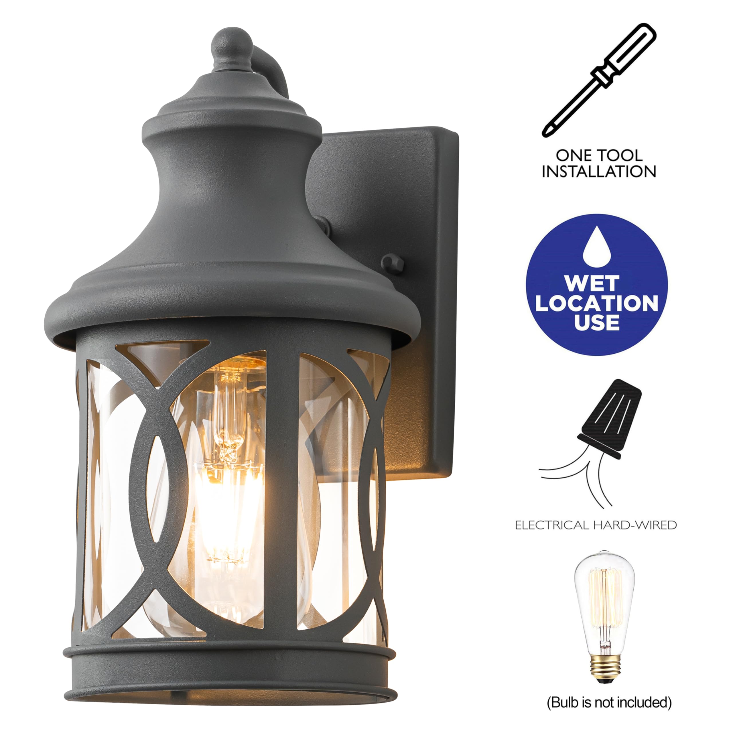 Laplusbelle Outdoor Wall Lights, Waterproof Sconce, Metal, Grey Finish, Clear Glass Shade, 12in., Model CA2309-2MWG