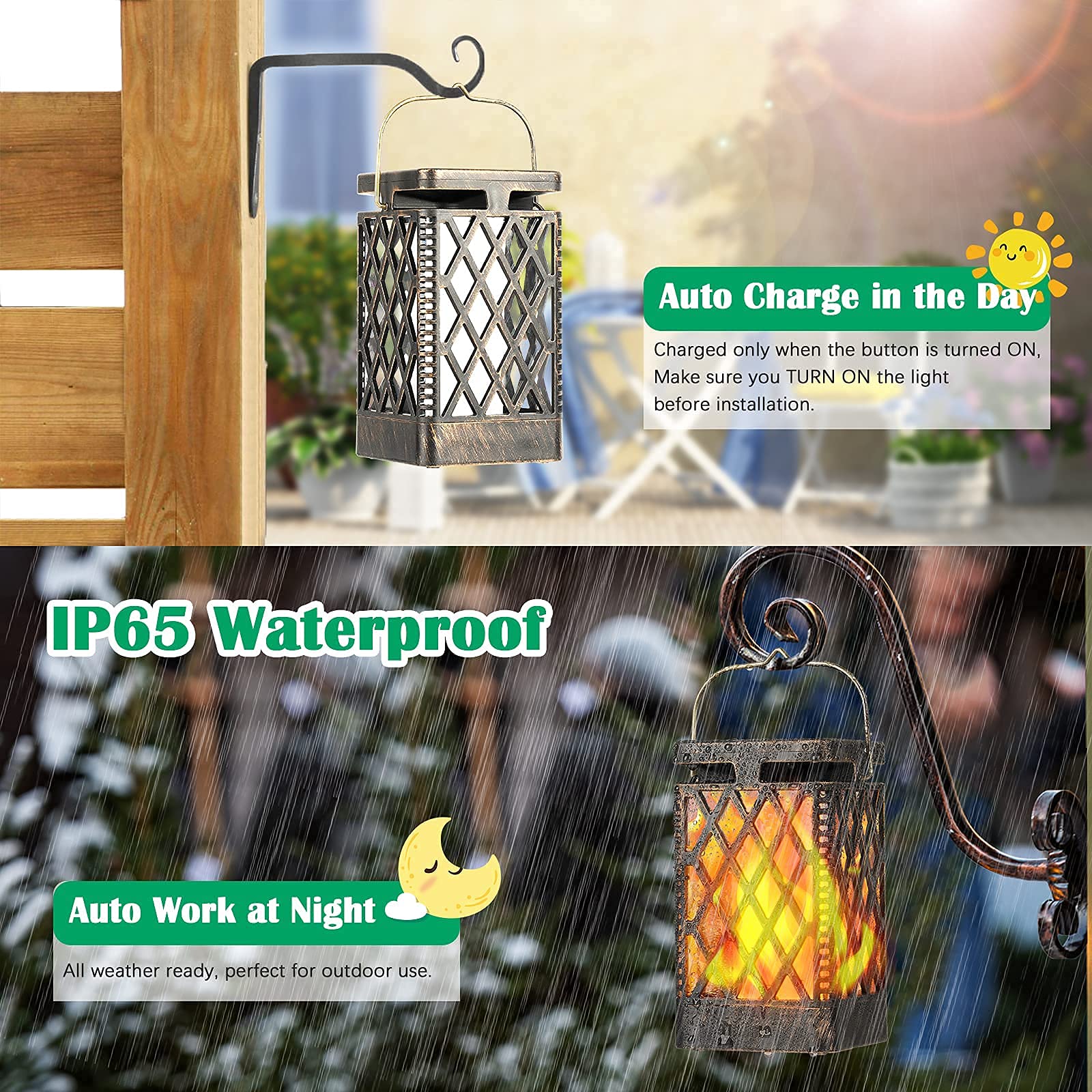 TomCare Solar Lights Outdoor Lanterns, 2 Pack Bronze, Waterproof LED Flickering Flame for Patio Garden Deck