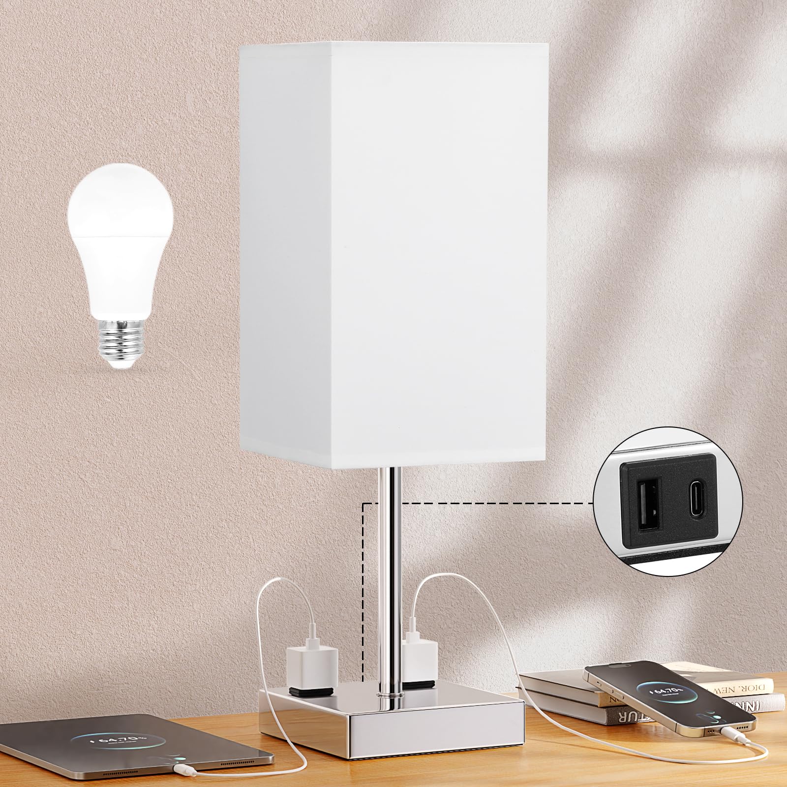 aooshine Touch Bedside Table Lamp - 3-Way Dimmable, USB A + Type C Ports, 17.4in, White & Silver, Model 3-13, Includes