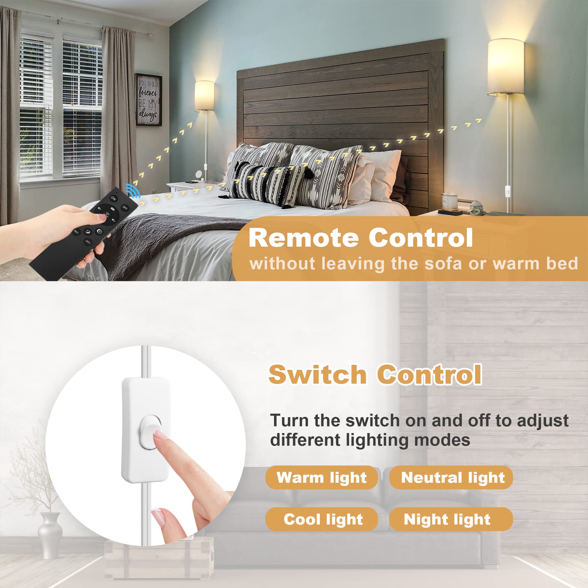 Goodate Plug In Wall Sconces Set Of 2, Dimmable 2700K-6500K, Remote Control,