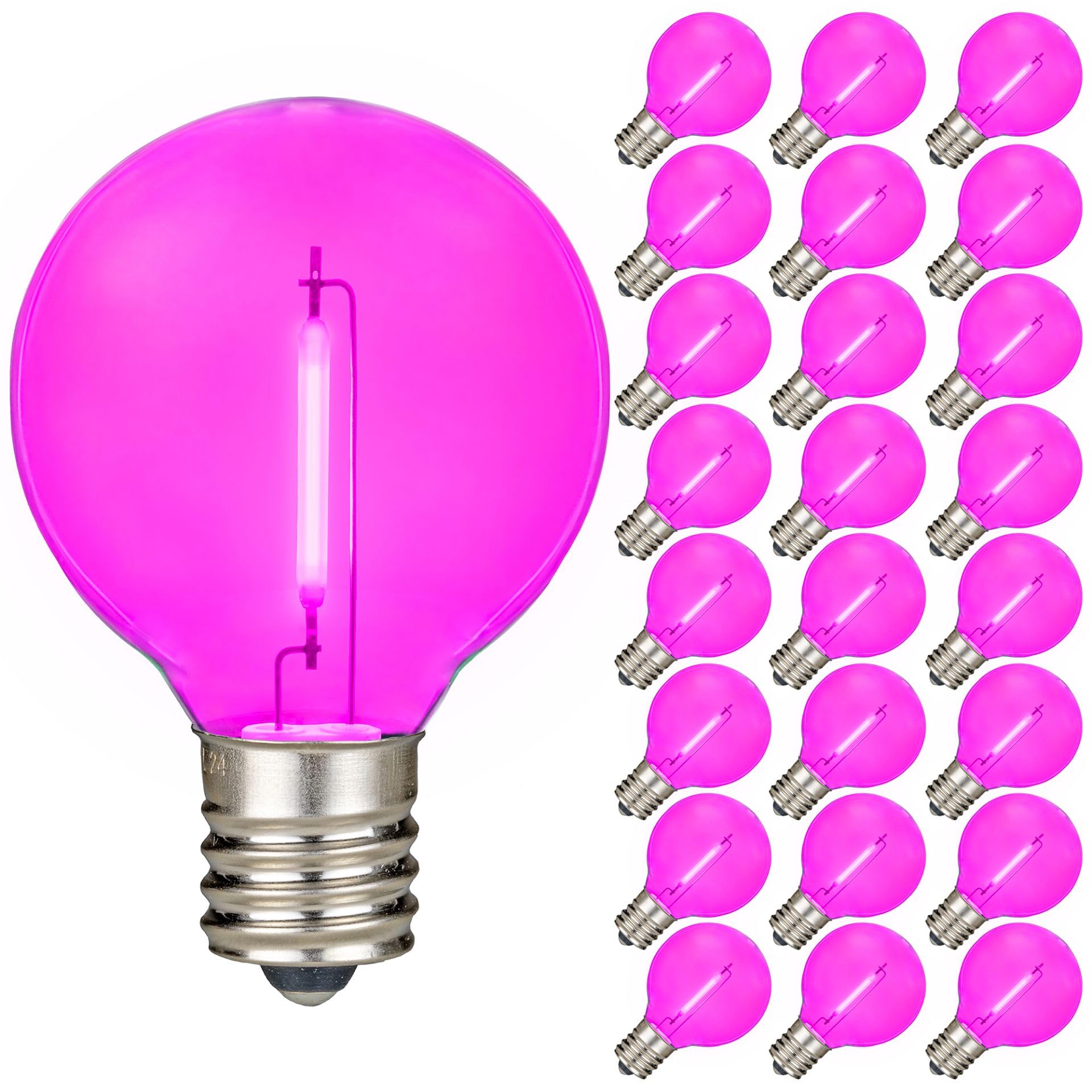 Novelty Lights 25 Pack Pink G40 Led Filament String Light Bulbs  E12/C7 Candelabra Base  5 Watt Equivalent  Shatterproof Replacement Bulbs For Patios  Canopy Lighting