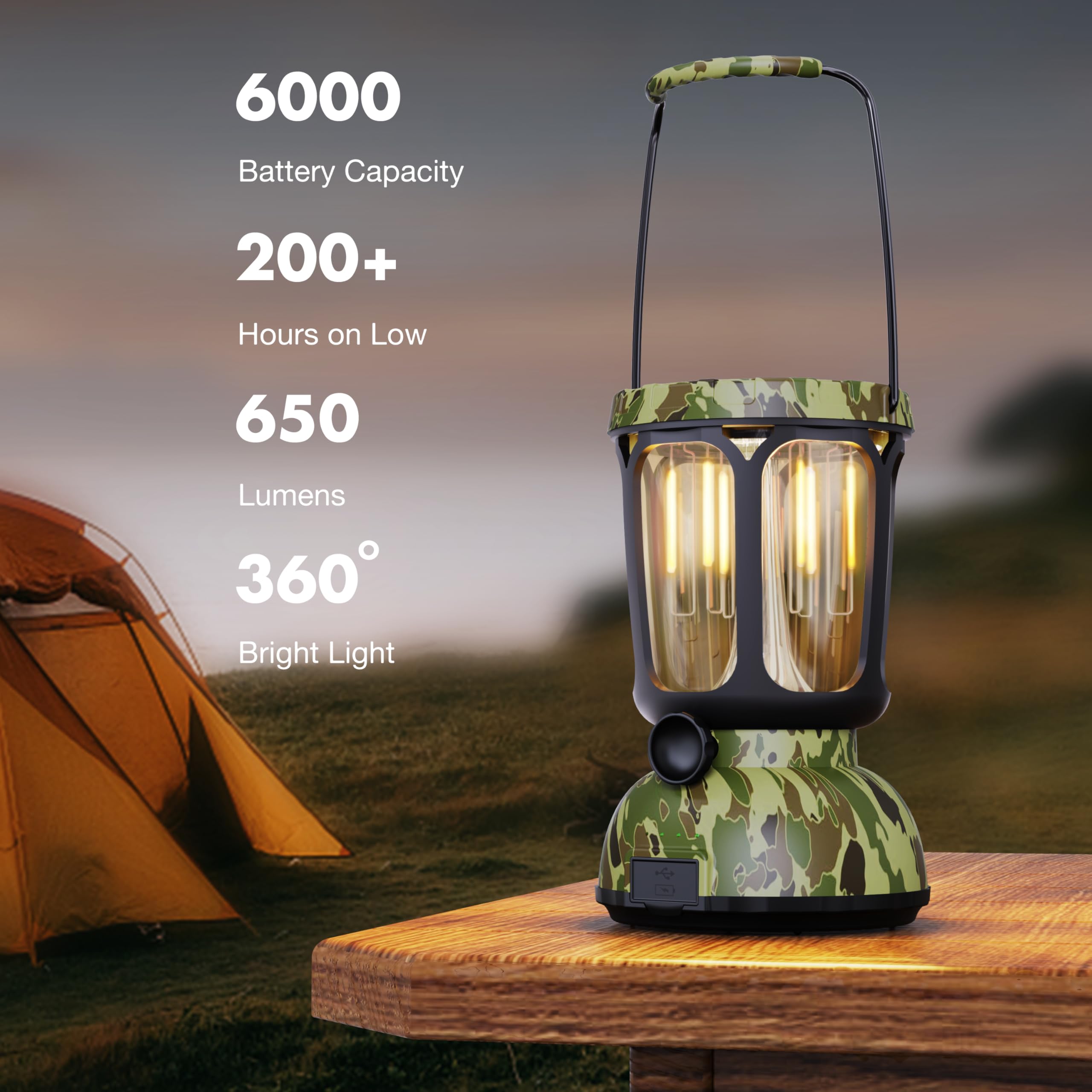 Raynic 6000 LED Camping Lantern, 650LM, Hand Crank, Solar Powered, Camo-Green, Model CL7000, Rechargeable Emergency Light