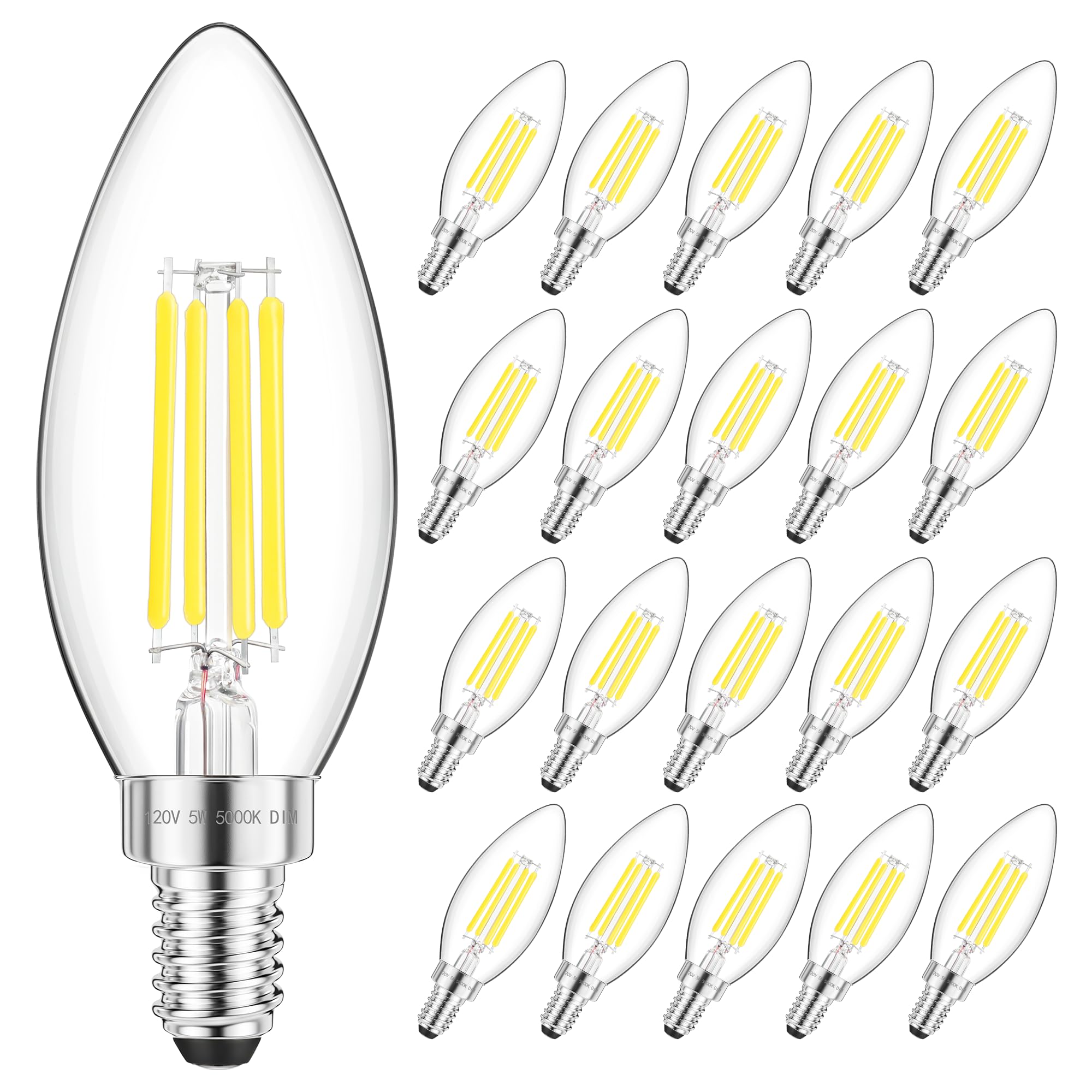 GGOYING E12 Candelabra LED Bulb 60W Equivalent  600LM Dimmable Chandelier Light Bulbs  5000K Daylight White  85+ CRI Candle Base Clear Filament Bulbs  20-Pack