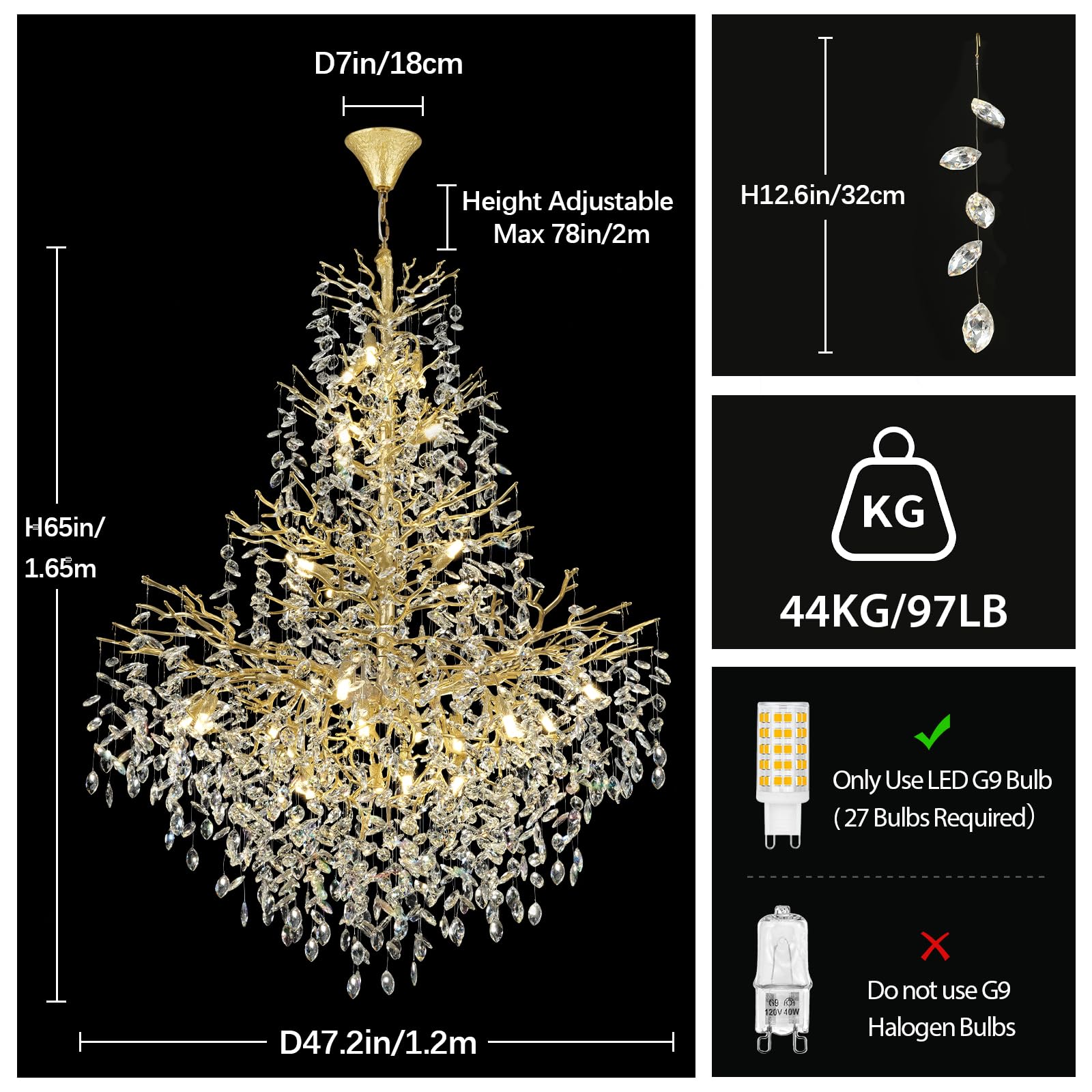 Kvtinmty H65'' Gold Tree Branch Crystal High Ceilings Chandeliers, Modern Crystal Staircase Chandelier, D48'' Foyer Chandelier F
