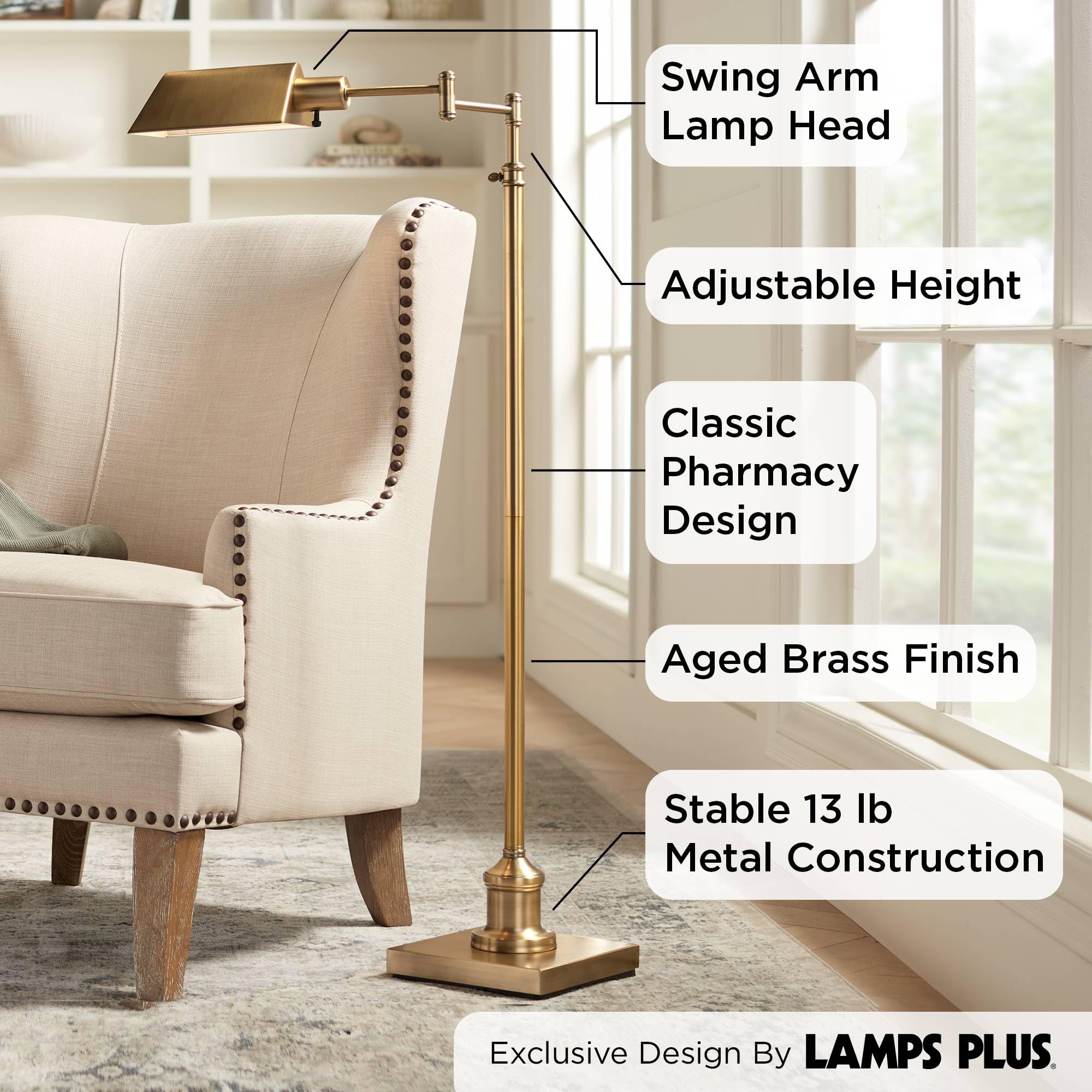 Regency Hill Floor Lamp - Adjustable Pharmacy Style, 54in Tall, Aged Brass Metal Shade, Swing Arm Design for Living Room, Bedroom, Home Office