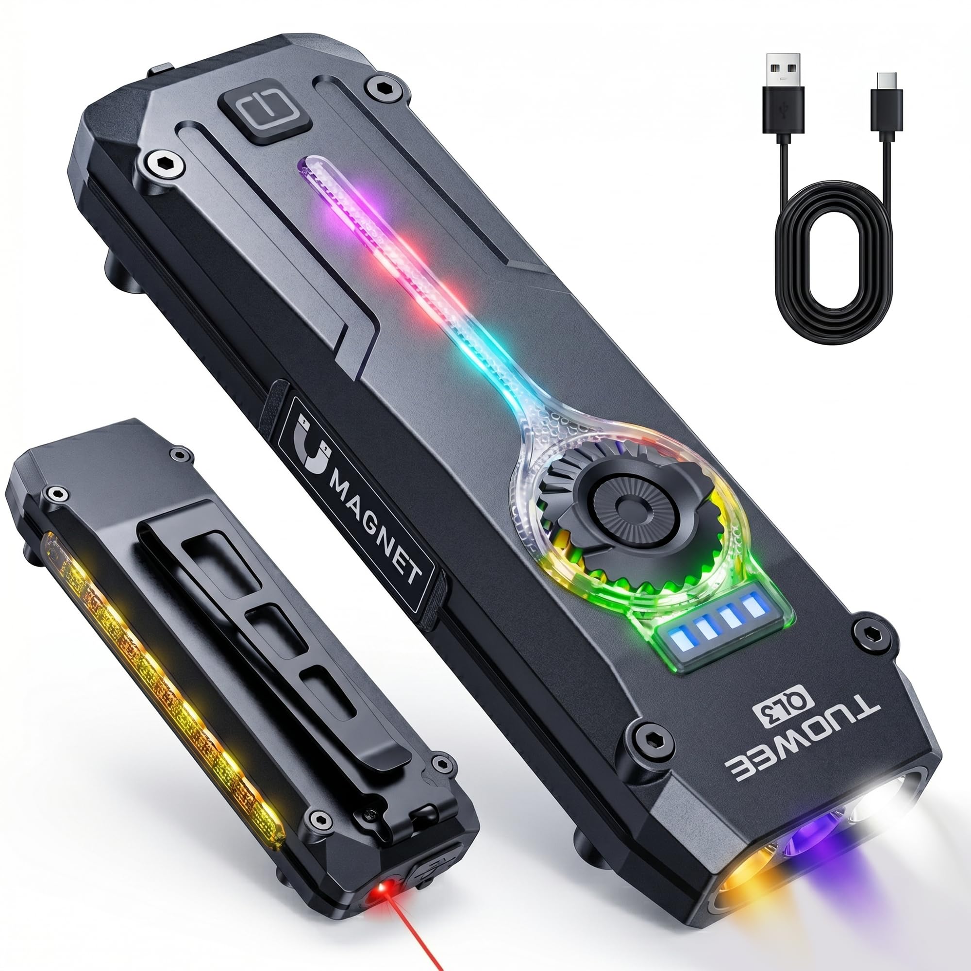 TUOWEE U V Flat EDC Flashlight Rechargeable 1200 High Lumens with RGB,Magnetic Base Small Flashlights with Dual Switch,Stepless 