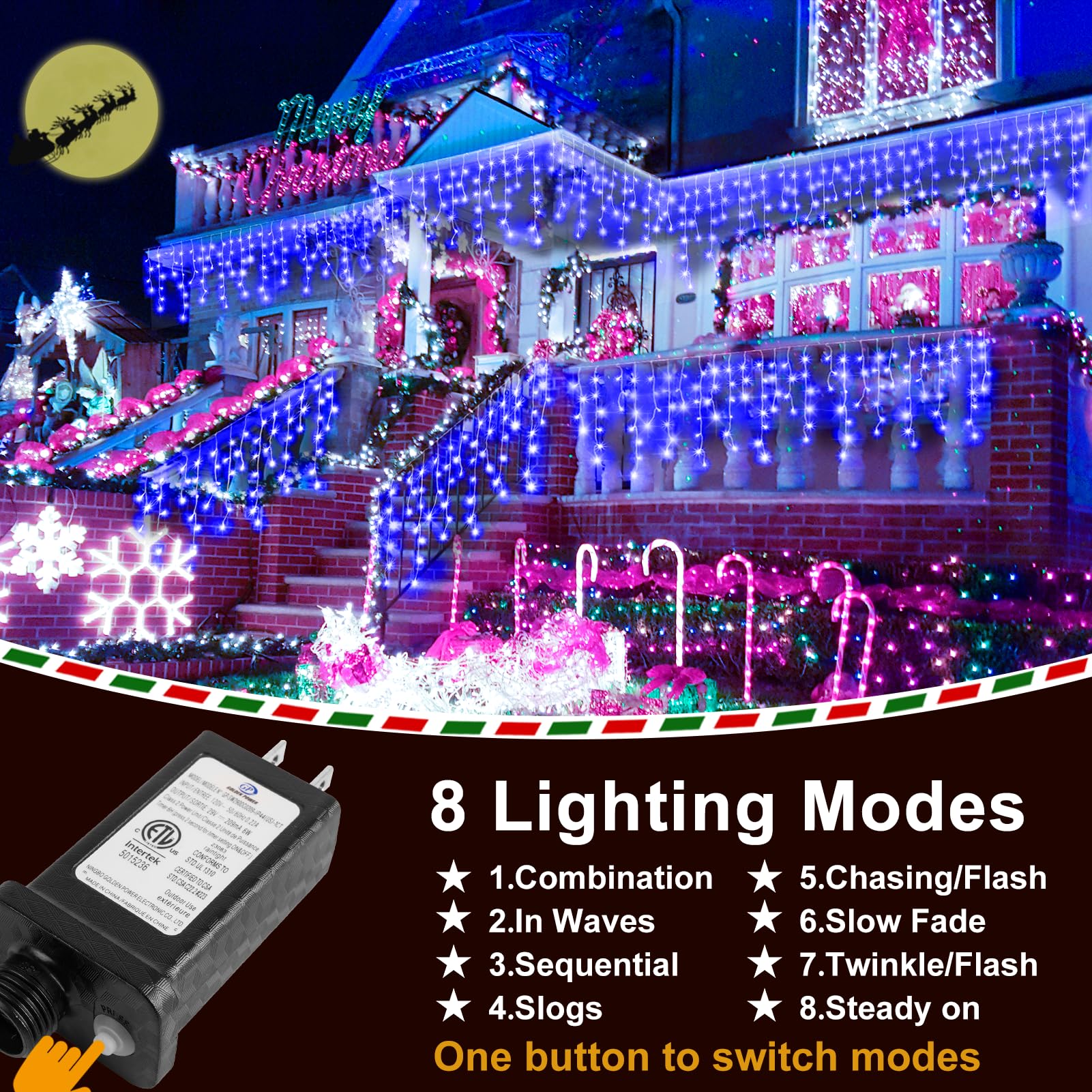 KNONEW Outdoor Decorative String Lights, 1216 LED, 99ft, 8 Modes, Clear Wire, Blue ??? Christmas, Wedding, and Holiday Decorations