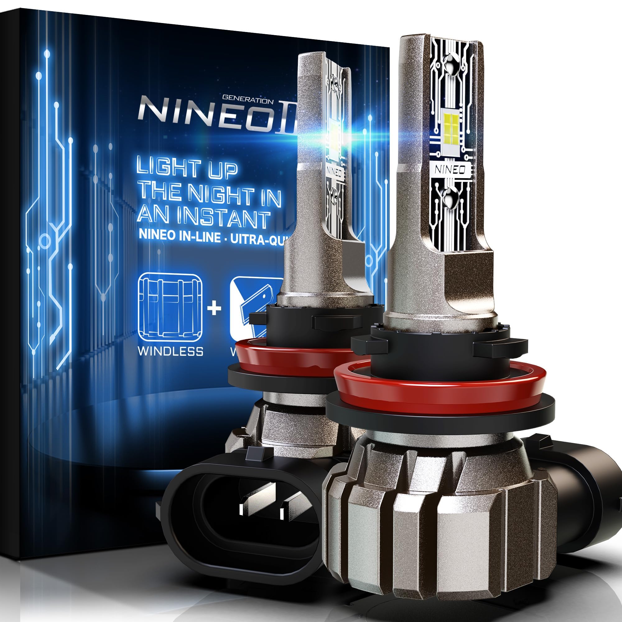 NINEO H11 Fog Light Bulbs, 300% Brightness, 6500K Cool White, Mini Size, Waterproof, Pack of 2