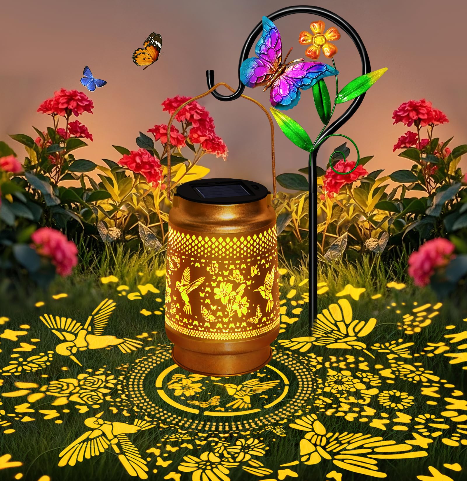 Hummingbird Solar Lantern With Butterfly Shepherd Hook  Mom Gifts For Mothers Day & Birthday  Hummingbird & Butterfly Design  Outdoor Waterproof Metal Decor For Yard  Patio  Porch  Lawn & Tabletop