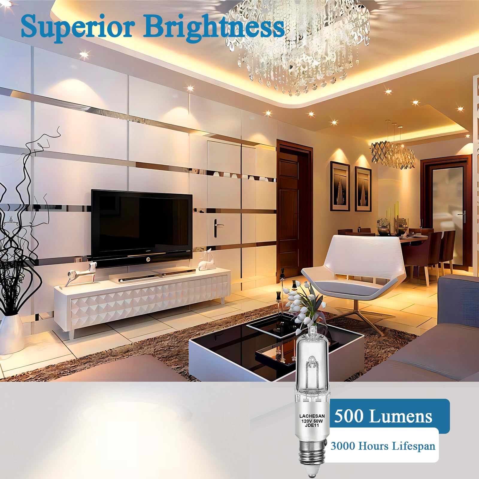 Lachesan Jde11 120V 50W, E11 Halogen Bulb(Replacement E11 Led Bulb) T4 Mini Candelabra Base, 2700K Warm White Dimmable For Chandeliers, Ceiling Fan, Table Lamps, Cabinet Lighting, 4 Pack