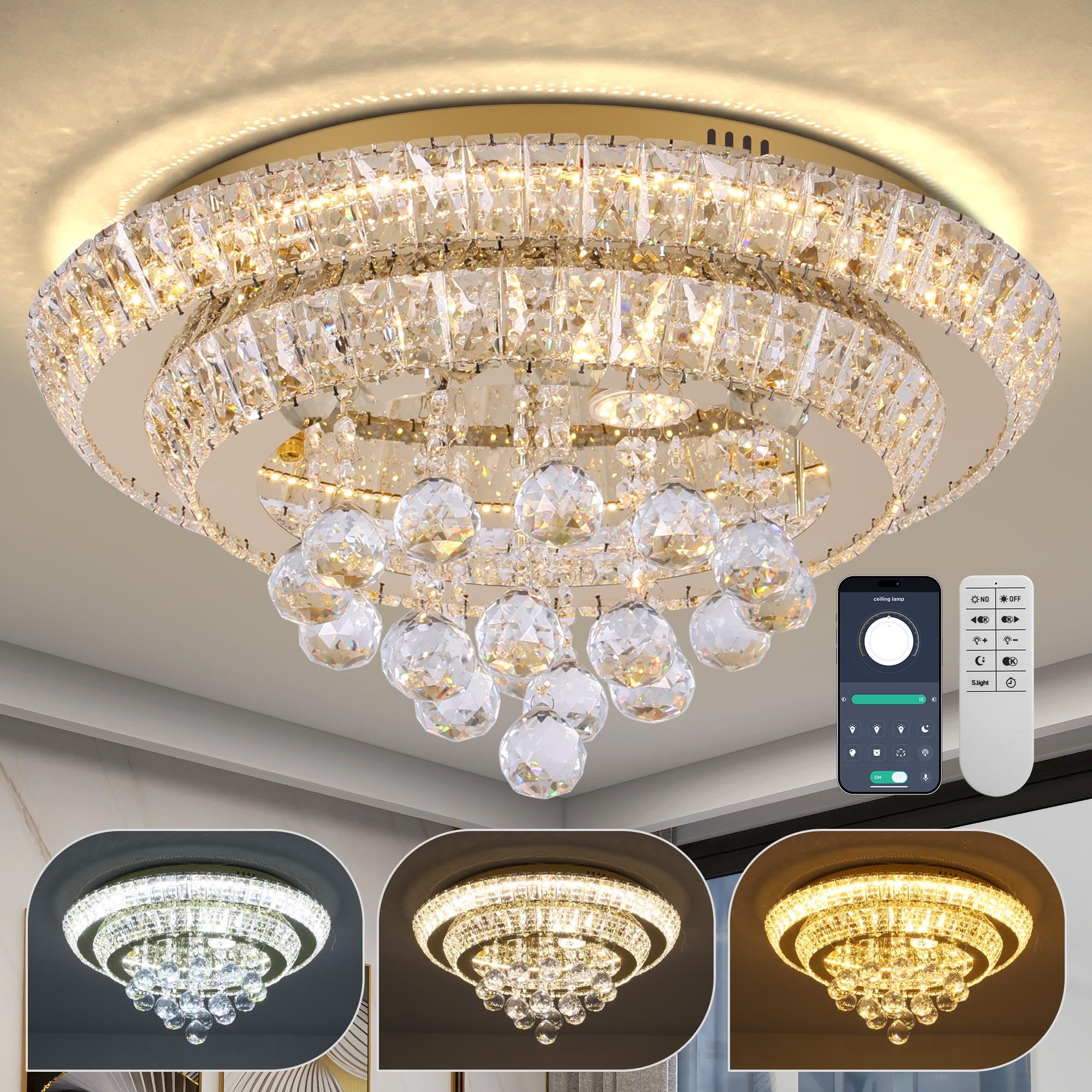 COCOSTAR 20 Gold Crystal Chandeliers  Flush Mount Chandelier LED Ceiling Light  Modern Crystal Raindrop Chandeliers for Dining Room  Living Room  Bedroom