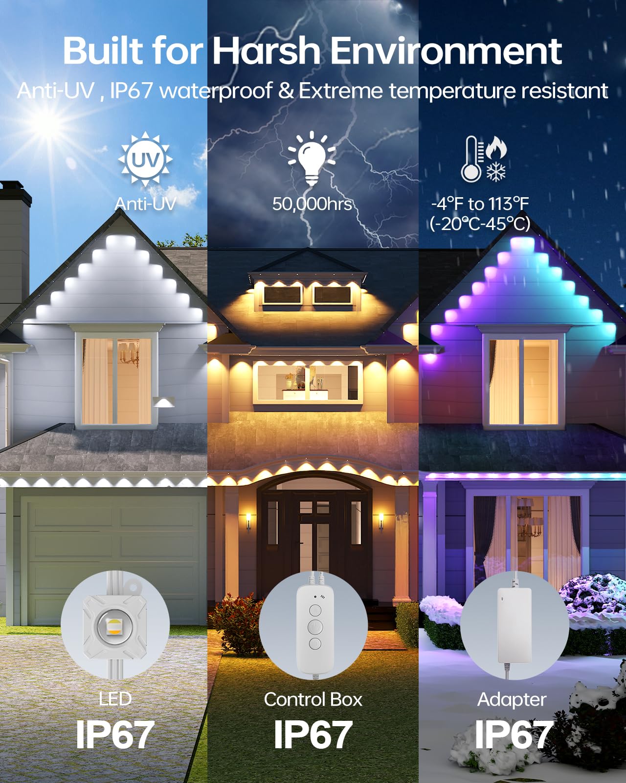 Asahom Permanent Outdoor Lights Pro S108F  400Ft With 288 Rgbcw Leds  Wled Integration  Ai Lighting  30000 Lighting Effect Combinations  Ip67 Waterproof For Halloween Christmas Daily Decor  White