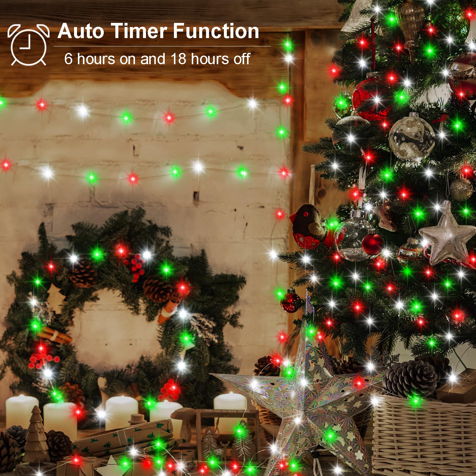 Echosari 2 Pack Red White And Green Christmas Fairy Lights Battery Operated, 200 Led 66Ft Silver Wire Starry String Lights Auto Timer 8 Modes Waterproof Mini Lights For Wreath Diy Fence Decor
