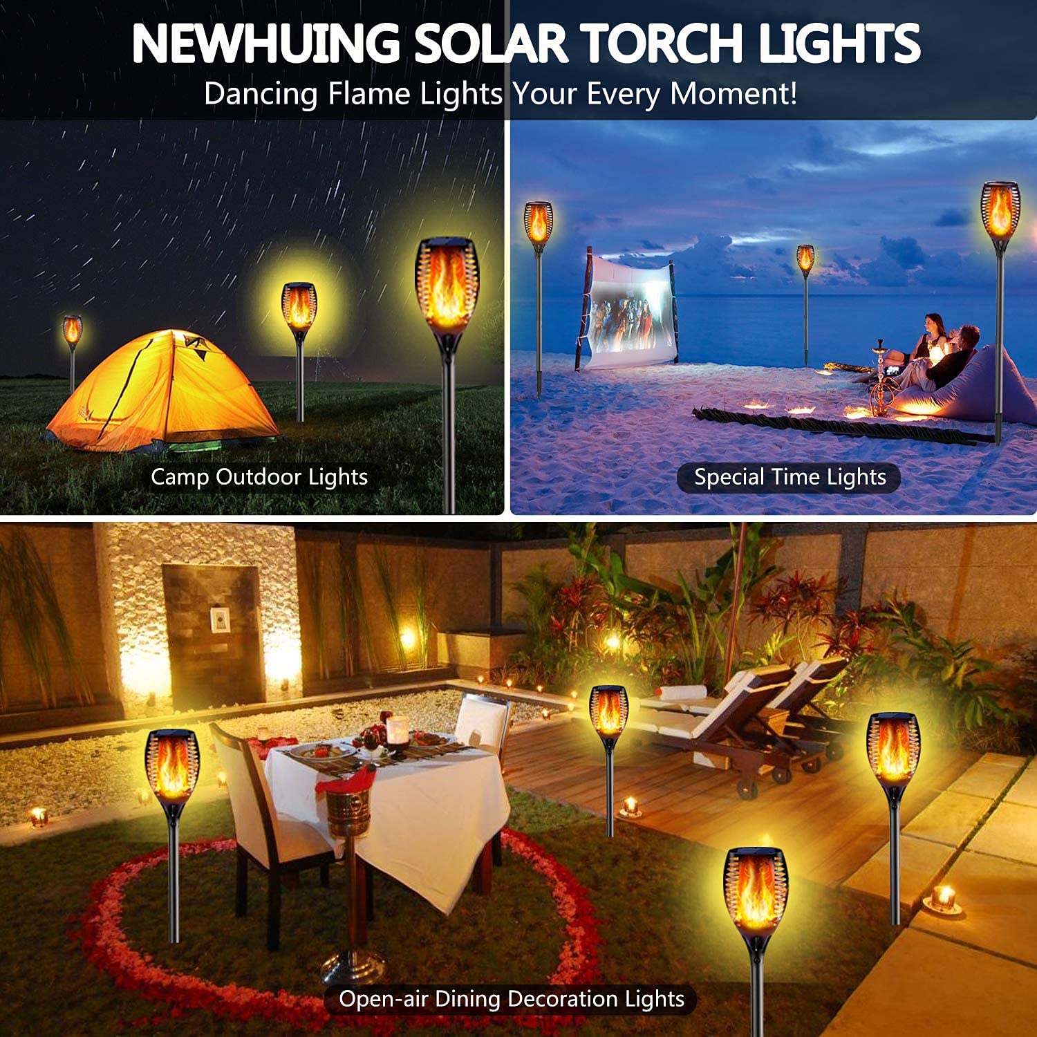 New Huing Solar Torch Lights, 4PCs, 43 inch, 96 LED, Waterproof, Yellow, Auto On/Off Dusk to Dawn for Garden Pathway Decoration