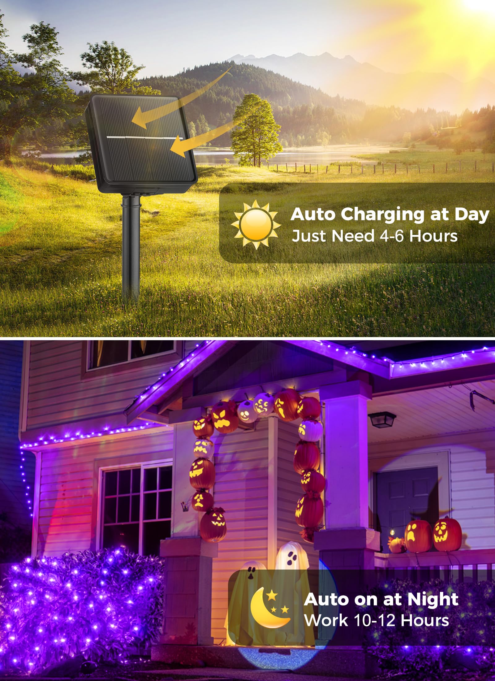 Minetom Solar Halloween Lights Outdoor - 4 Pack Total 160Ft 400 Led Halloween String Lights With 8 Lighting Modes, Ip65 Waterproof Solar String Lights For Outside Tree Party Decor, Purple