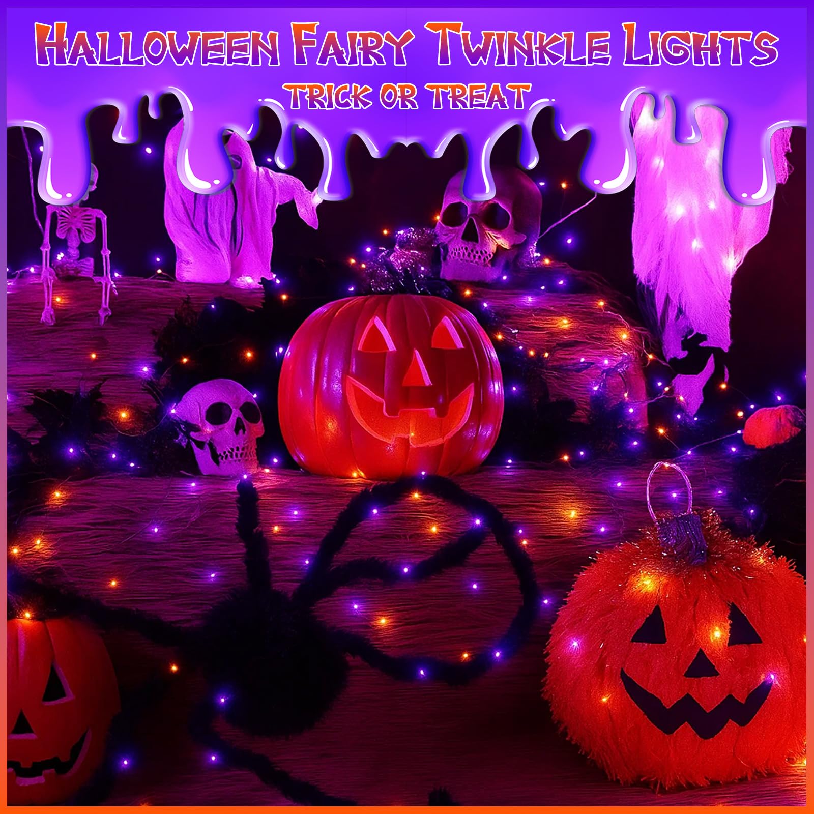 BHCLIGHT 66Ft LED Halloween Fairy Lights, 200 Lights, 8 Modes, Waterproof, Purple&Orange, Black Wire, Model MLS-D4.5V1.35WUC-O