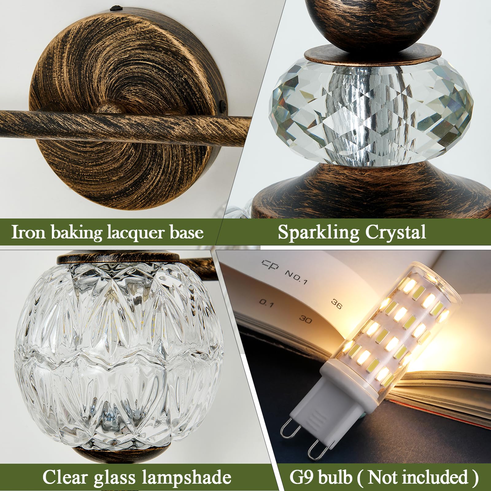 Piepooye Vintage Bathroom Light Fixtures Bronze Vanity Light With Glass Globe Lampshade 2 Lights Mid Century G9 Bulb Wall Sconce