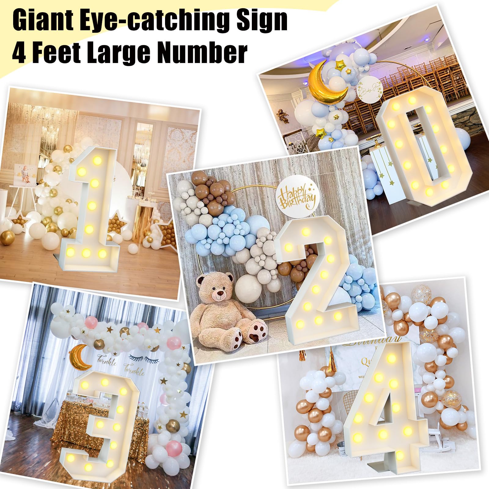 4Ft Light Up Number 2 White Large Numbers With Lights Giant Mosaic Marquee Frame Letter For 2Nd Birthday Party Decorations Pre-Cut Cardboard Thick Foam Board Sign Anniversary New Year Graduations