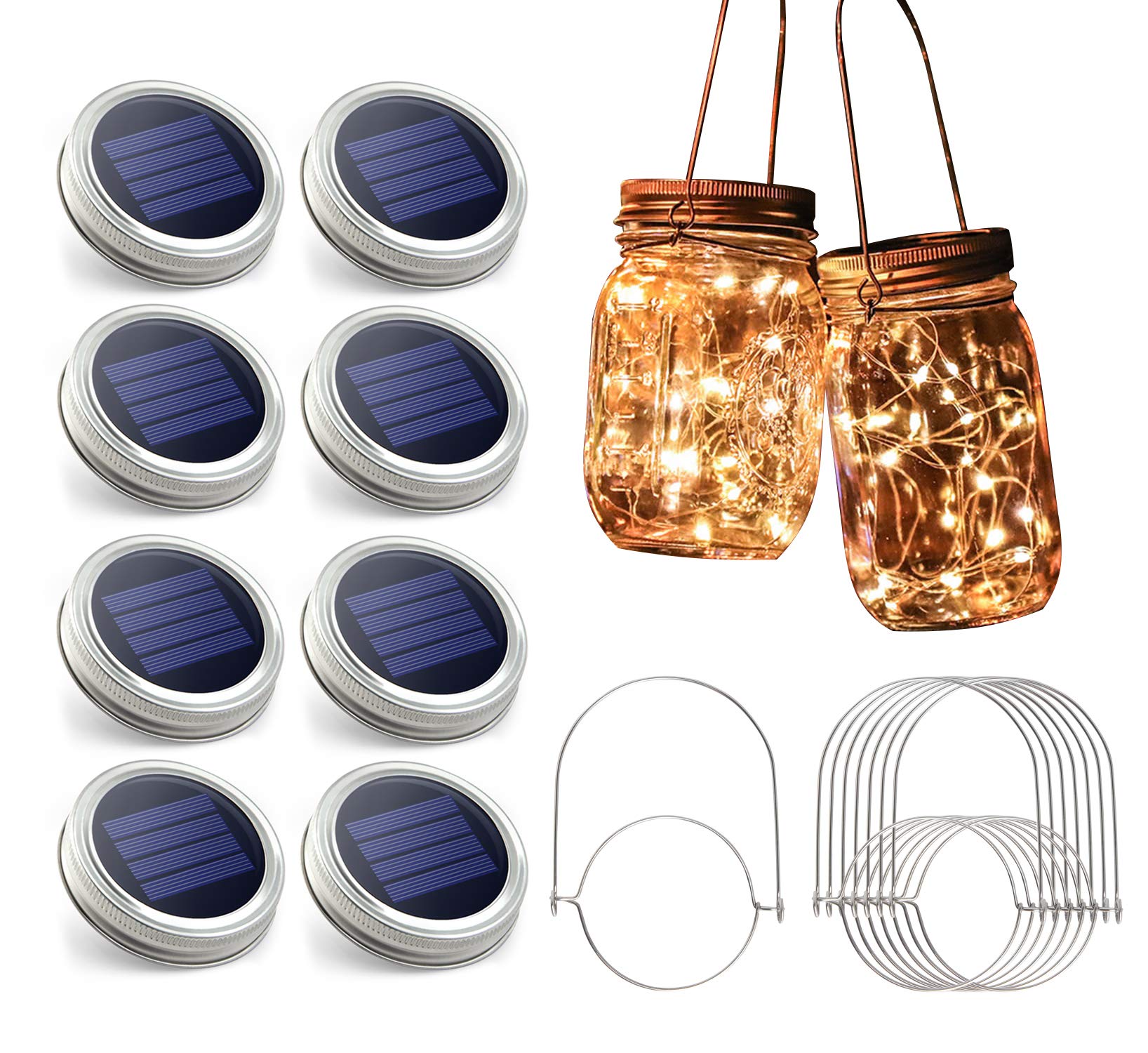Urvoix Solar Mason Jar Lights - 8 Pack 30 Led Solar Fairy Lights Outdoor, Waterproof Mason Jar Lids Lights Solar Powered String Lights With Hangers(No Jars) For Garden Patio Lantern Decor