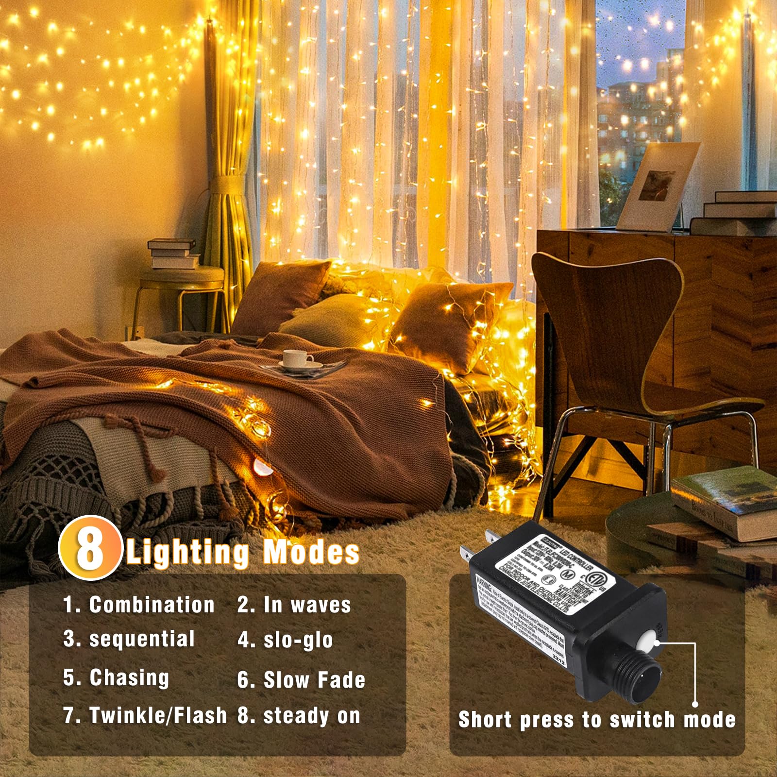 Nielfoi 66 FT Warm White String Lights, 200 LED, Waterproof, 8 Modes, Indoor/Outdoor, Model BG-CL3M3-306L01