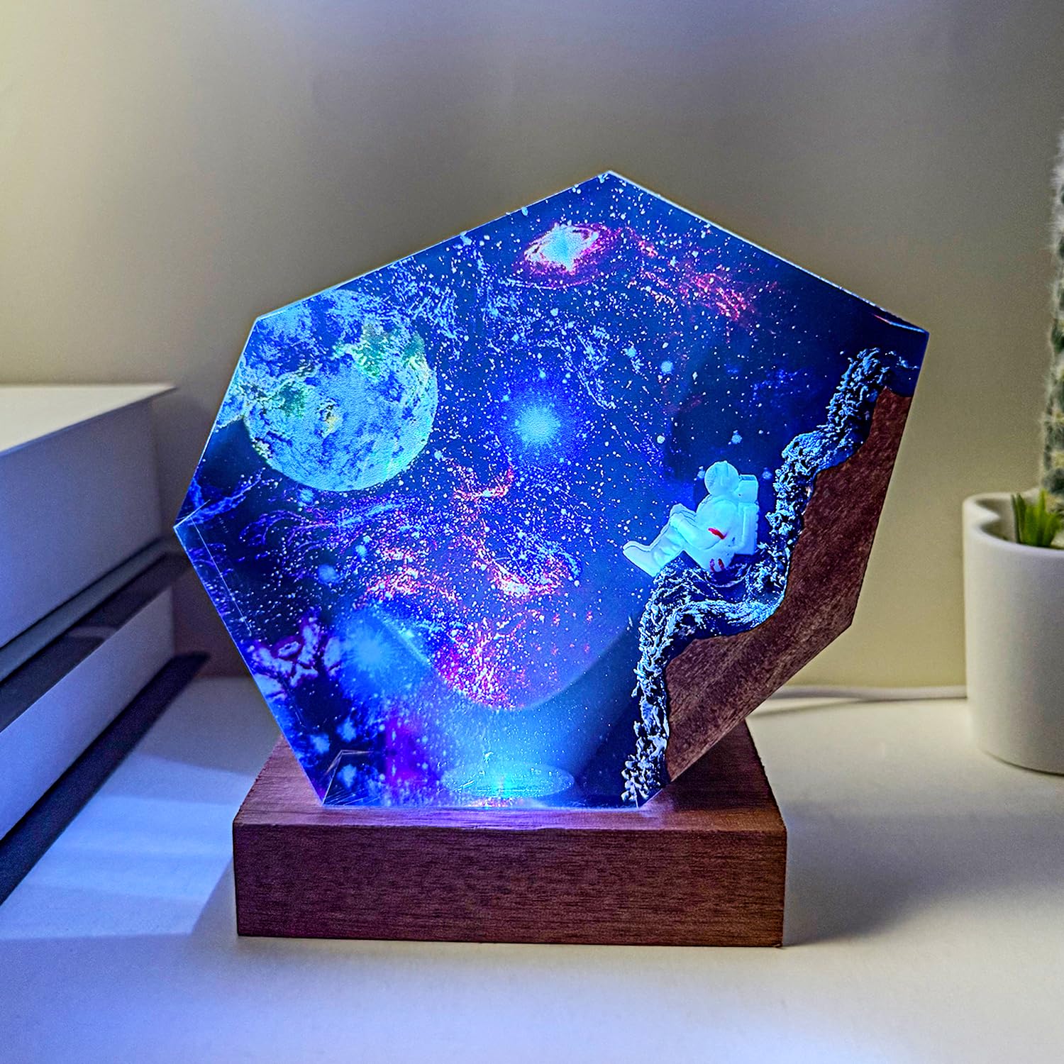 MASDEC Galaxy Lamp, Resin Cosmo Statue,RGB Table Night Light with Wood Base, Handmade Resin Art Piece Birthday Valentines Day G