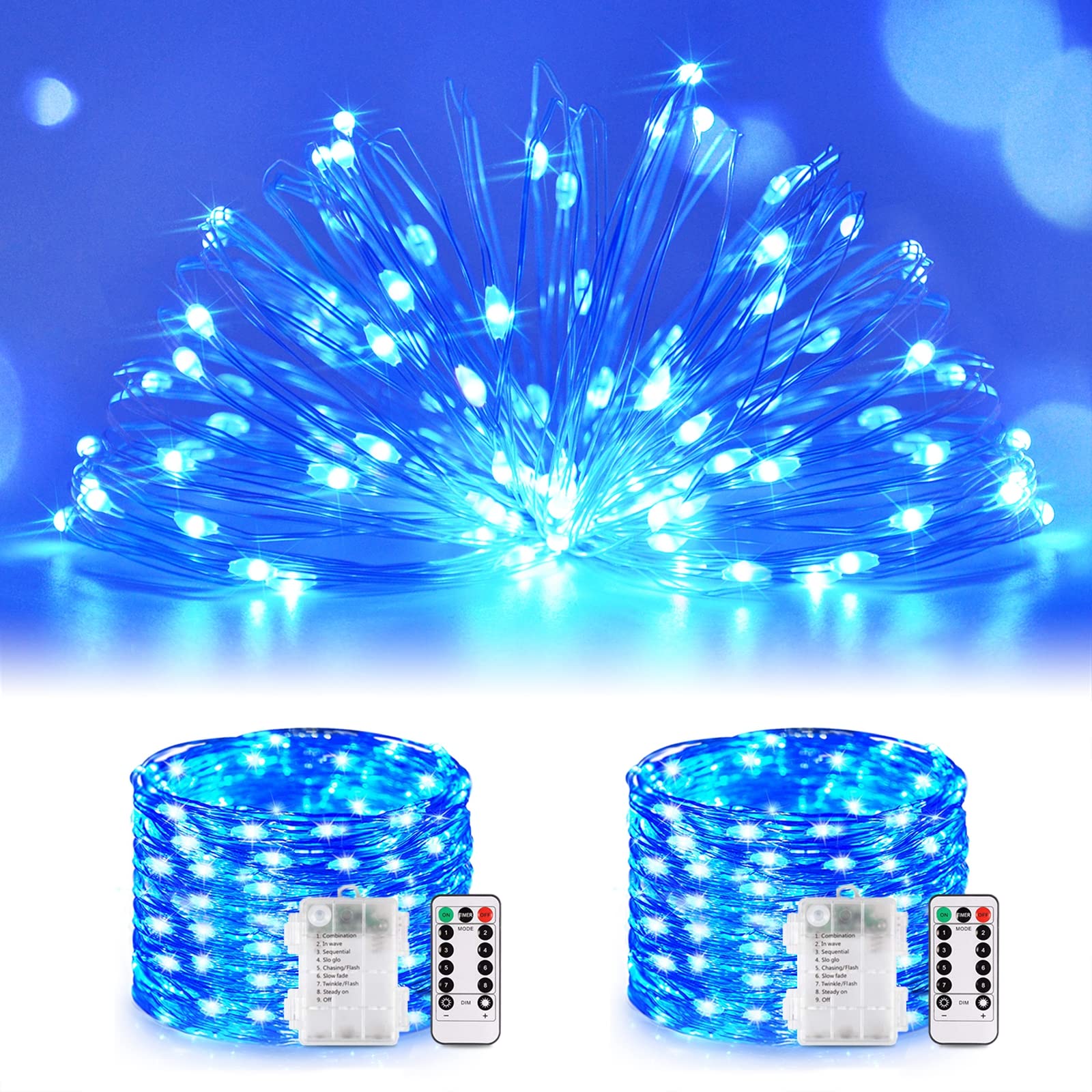 Jmexsuss 2 Pack Blue Fairy Lights, 200 Led 66Ft Waterproof String Lights With Remote Timer, Indoor Decor For Bedroom, Wedding, Party