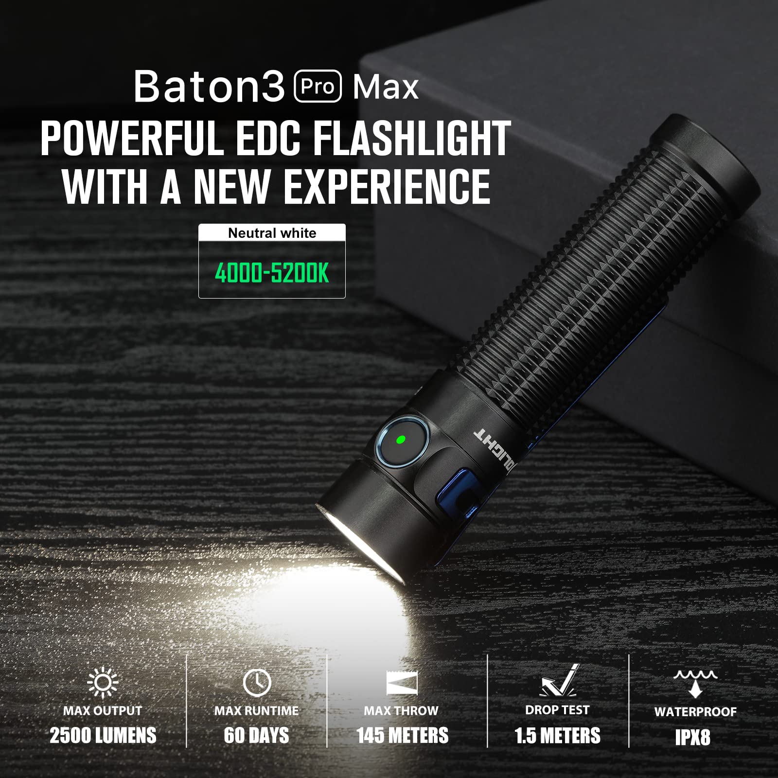 Olight Baton3 Pro Max 2500 Lumens Rechargeable Compact Edc Light With Safety Proximity Sensor, Led High Lumens Pocket Flashlight