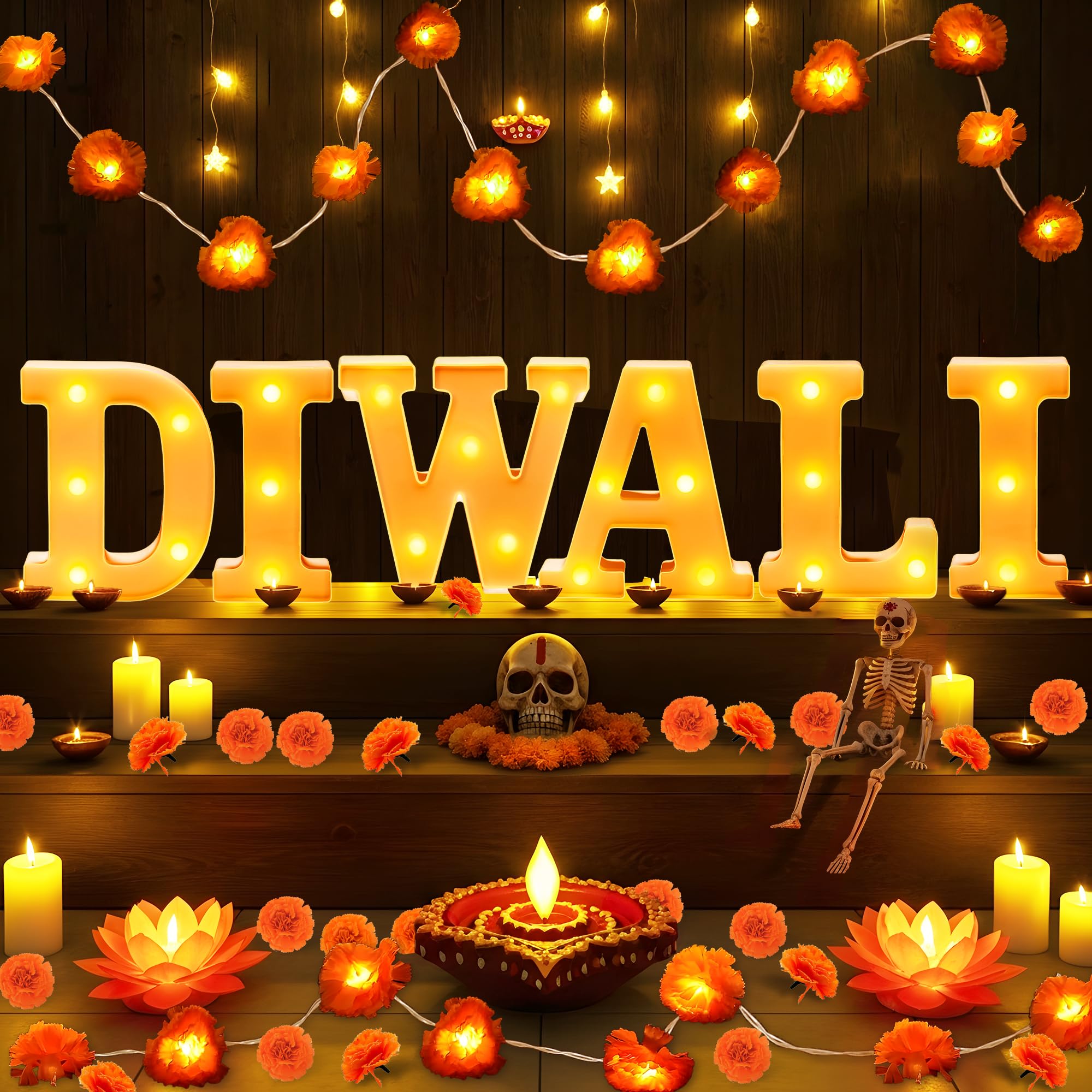 28Pcs Diwali Light Up Letters  6.3 Inch Led Letters Diwali Decor With Led Artificial Lighted Marigold Garland  Mandir Decoration For Indian Hindu Puja Party Festival Gifts(Battery Not Included)