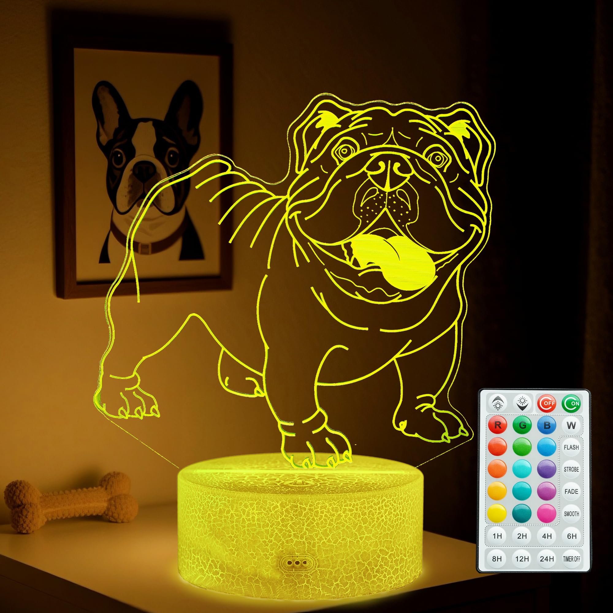 POSSHE Bulldog Night Light, 16 Colors Changing, Remote Control with Timer, RGB Flashing Mode and Dimmable, Dog Lamp for Christma