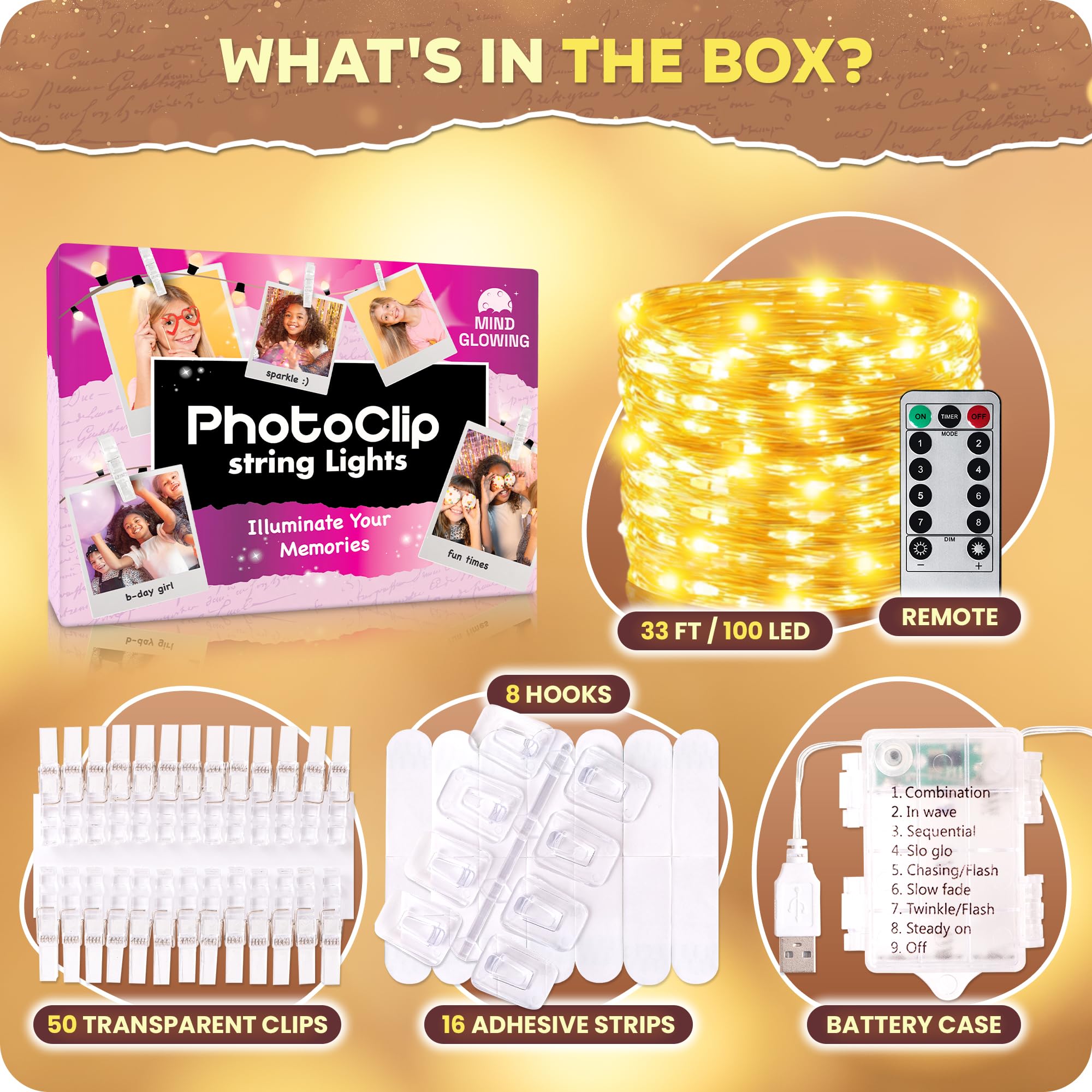 Mind-Glowing 100 Led Warm White Photo Clips String Light - Trendy Tween Room Decor, 33 Ft