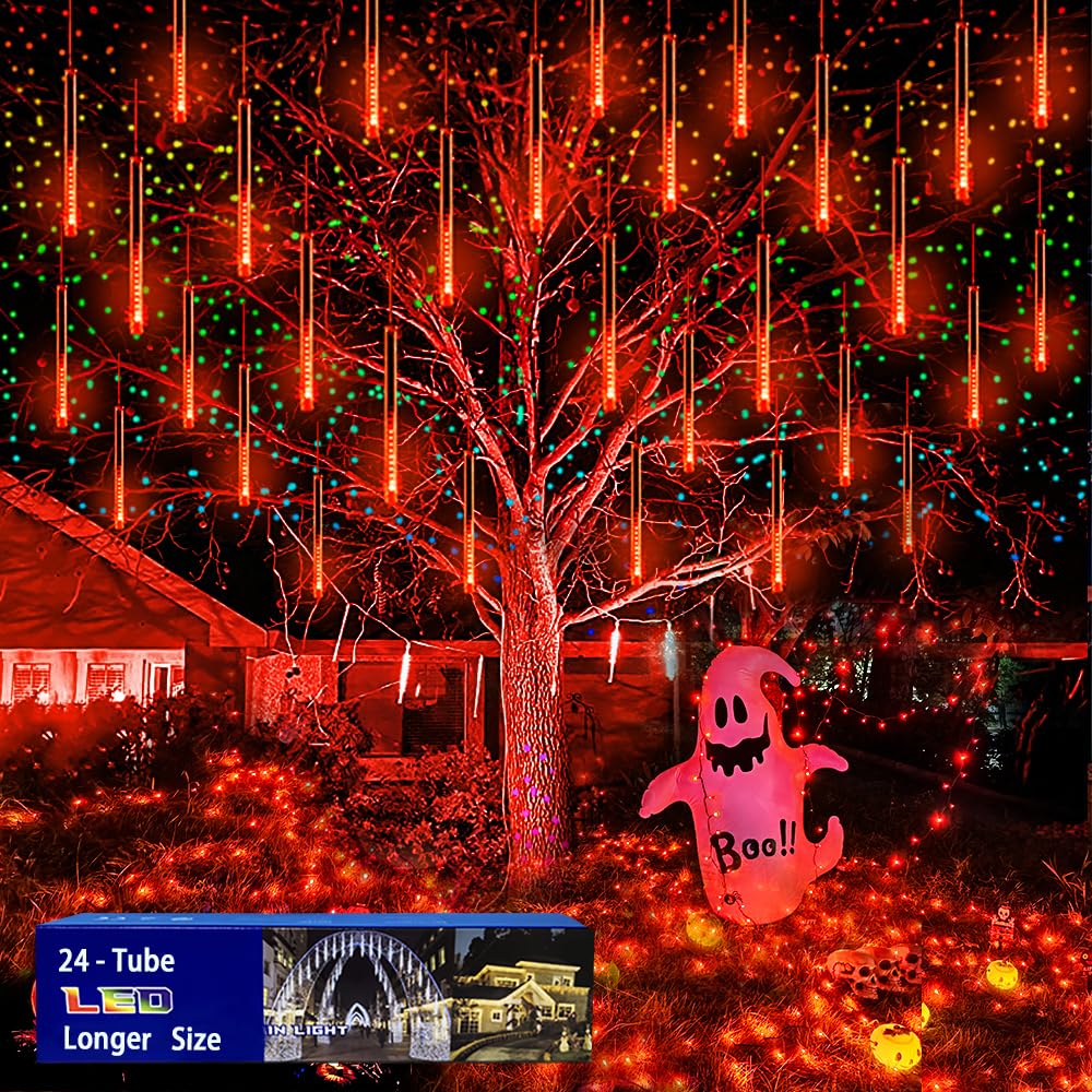 Halloween Lights, 24Tubes(Equivalent to 3 Sets of 8-Tubes) Purtuemy Meteor Shower Orange Lights Icicle String Lights for Hallowe